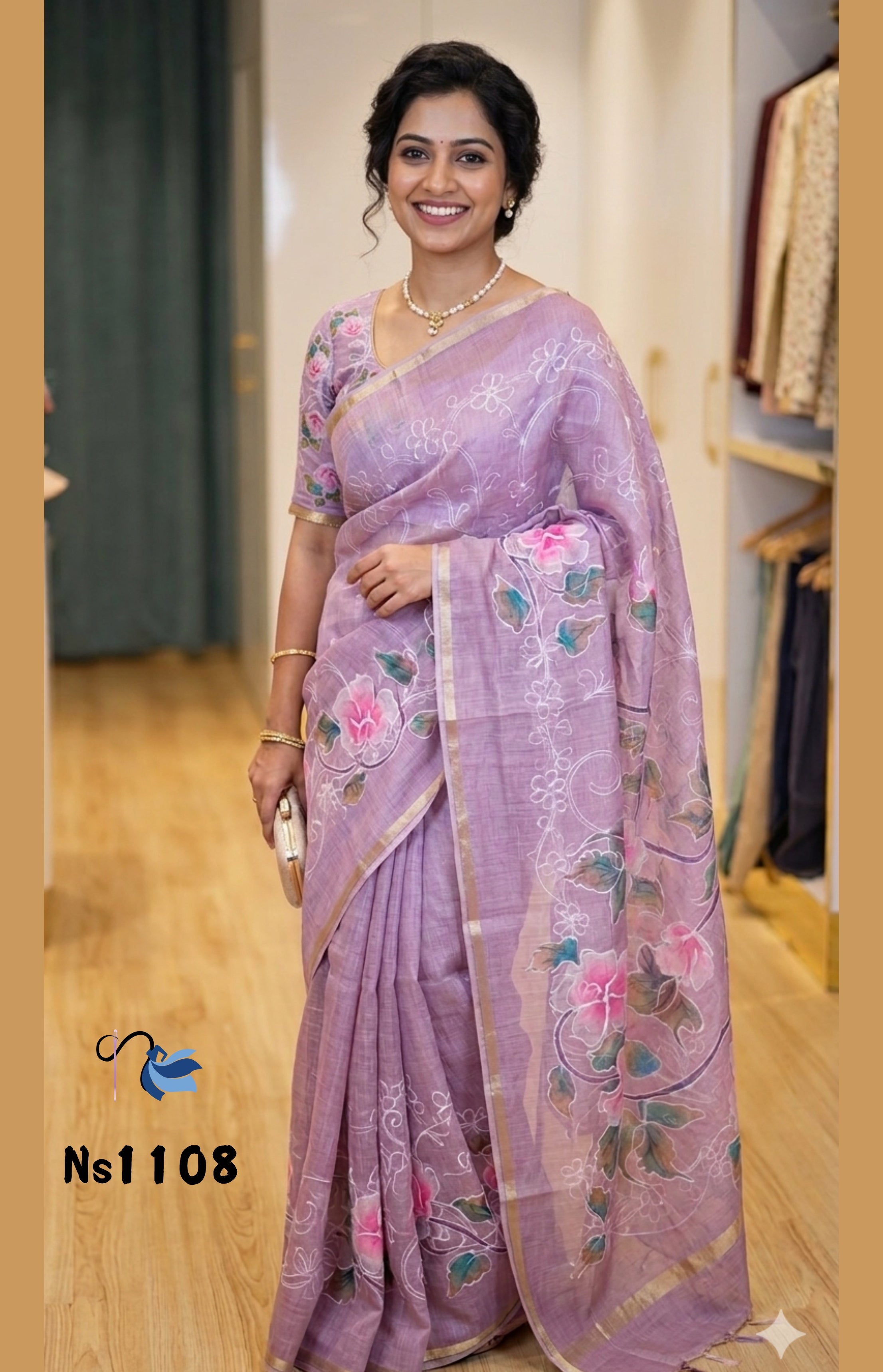 Lavender Mist: Hand-Painted Floral Linen Saree with Zari Border and Embroidery patterns