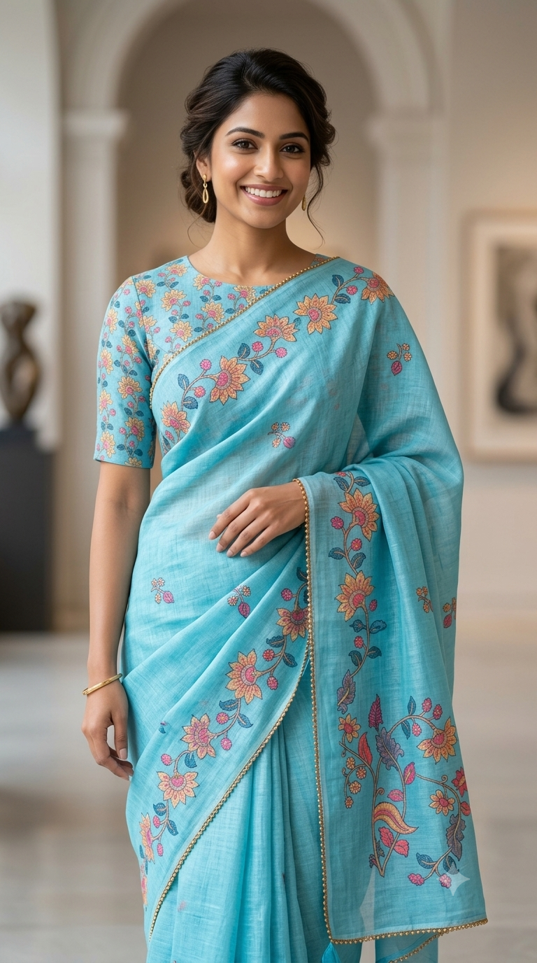 Sky Blue Linen Cotton Floral Printed Saree with Matching Blouse Piece | Office Wear Collection