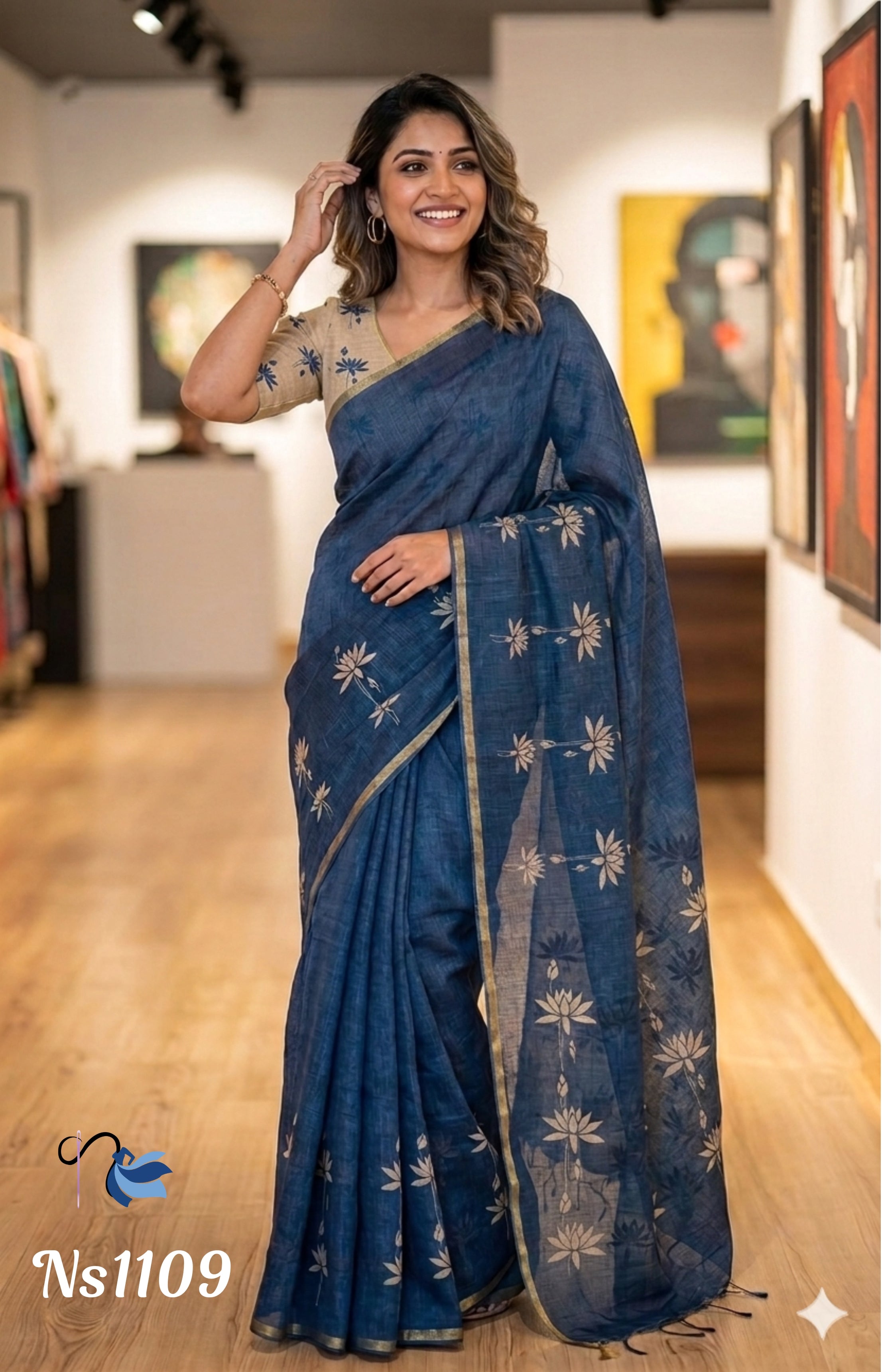 Elegant Blue Lotus Linen Cotton Saree | Naanal