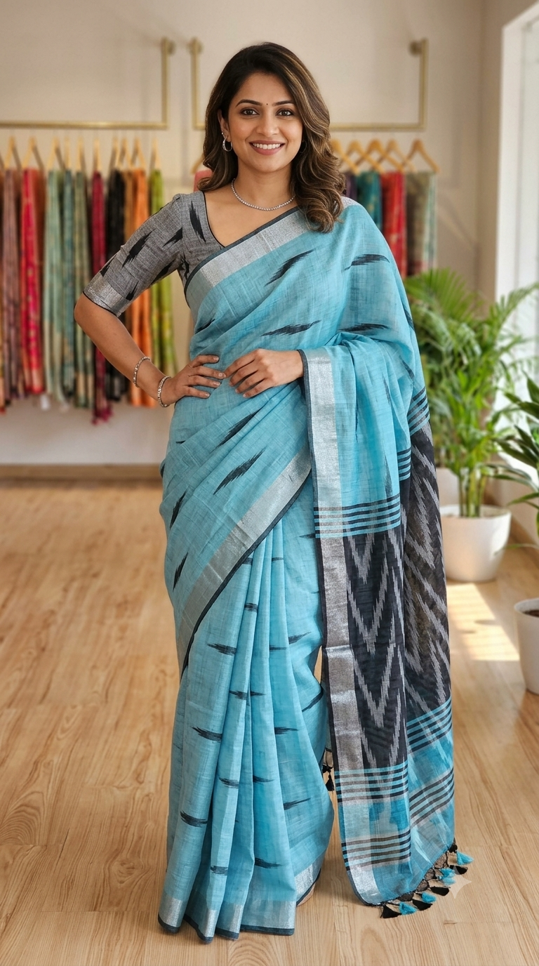 Sea green Ikkat Linen Cotton Saree | Formal & Office Wear