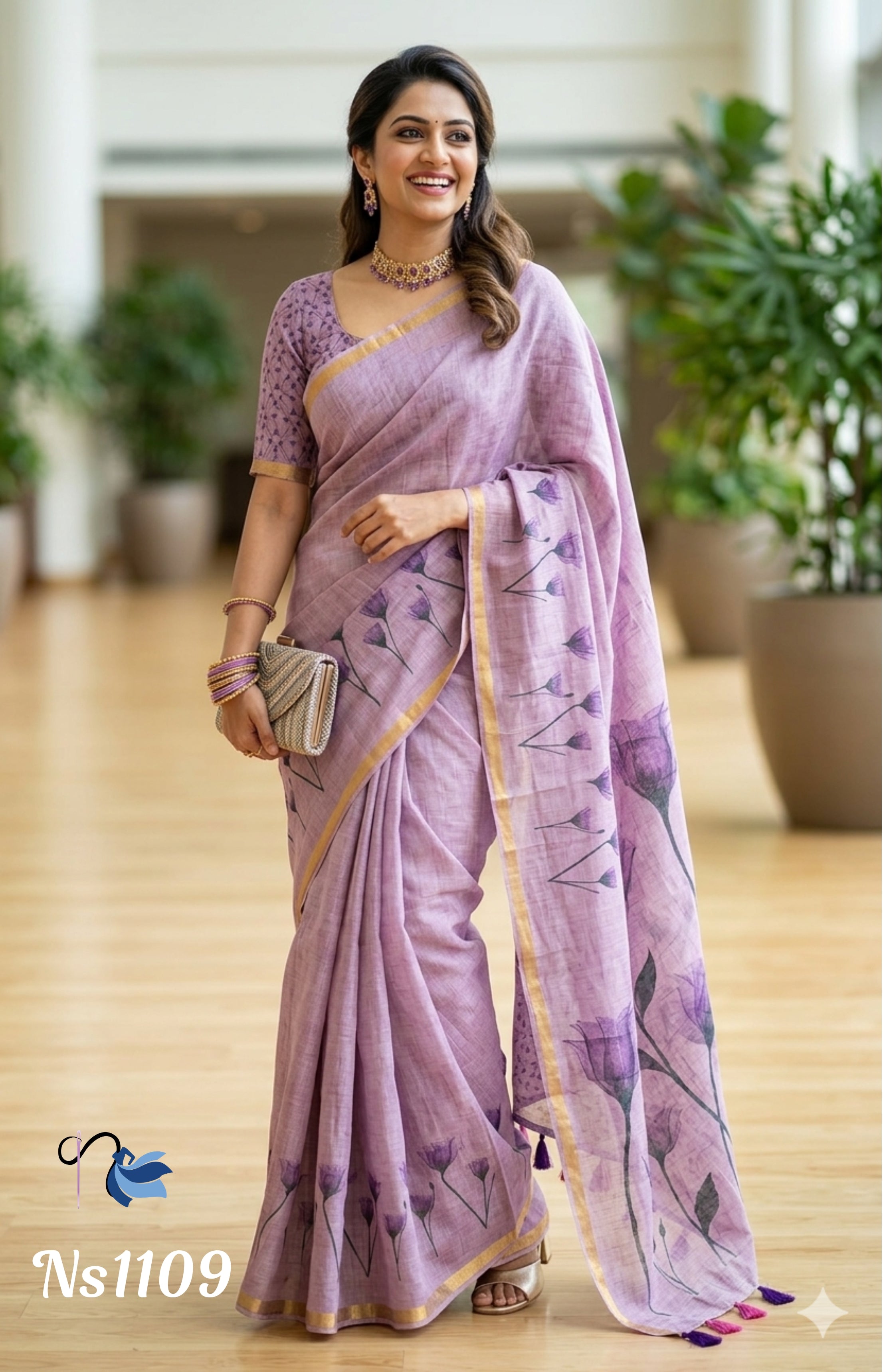 Elegant Lavender Floral Printed Saree | Naanal
