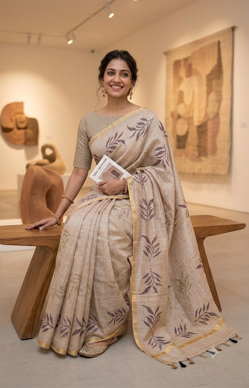 A smiling model wearing a breathable linen cotton saree with botanical prints and a gold border, paired with a geometric-patterned blouse, sitting on a wooden bench in an art gallery setting.