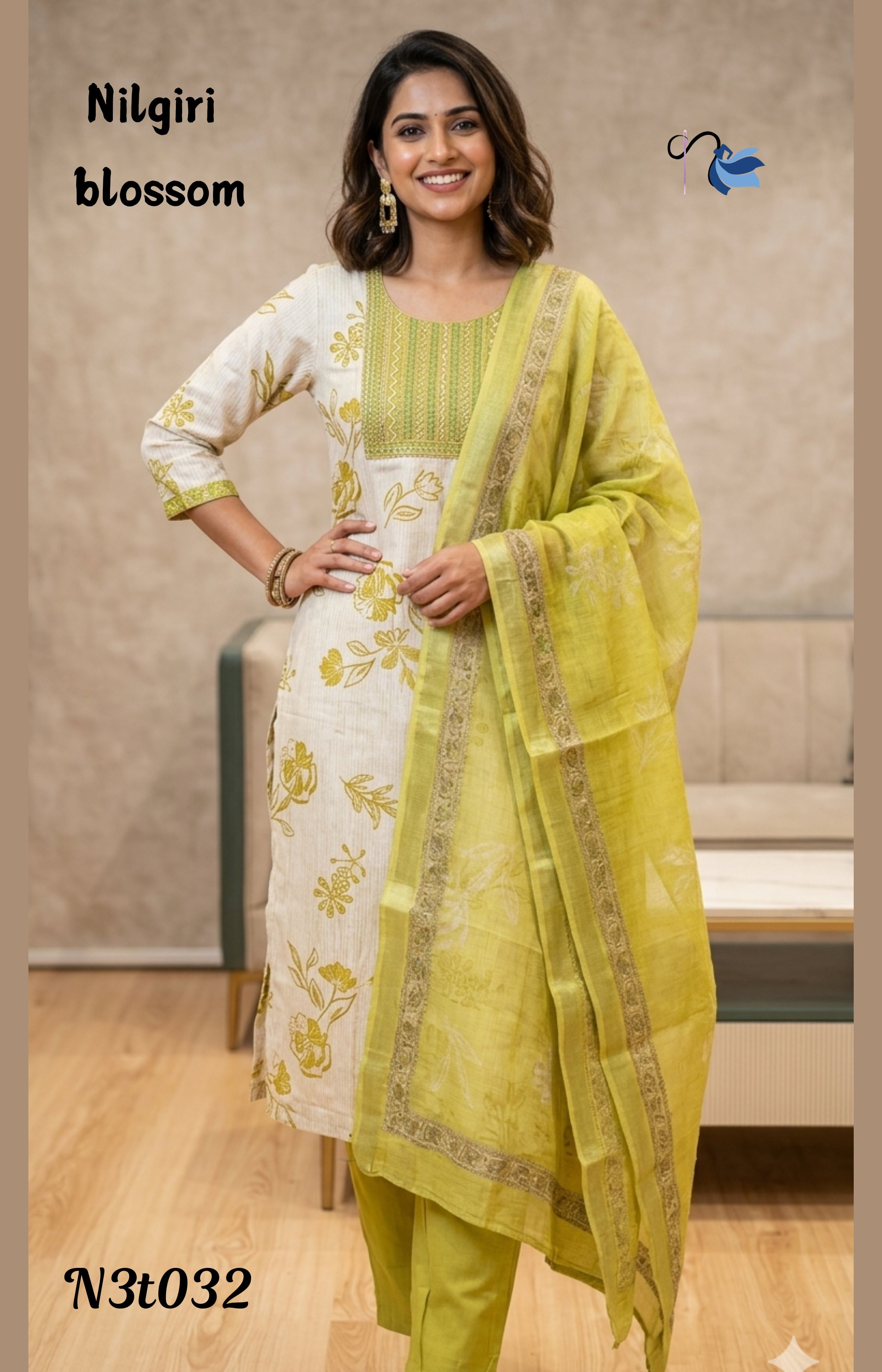 Boutique ethnic wear by Naanal: Lime green floral cotton salwar set with dupatta, product code code-n3t032, Nilgiri Blossom collection."