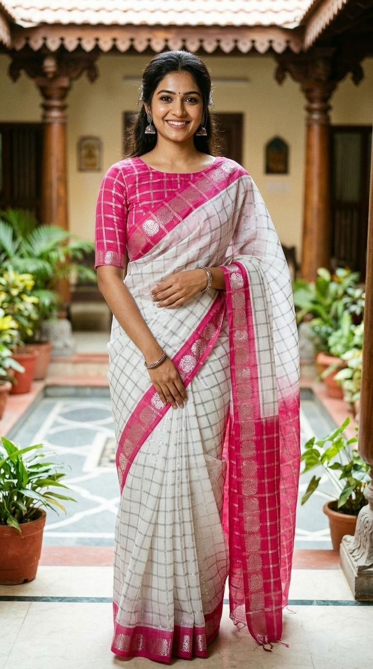 White & Pink Checked Sungudi Cotton Saree with Zari Border | Naanal