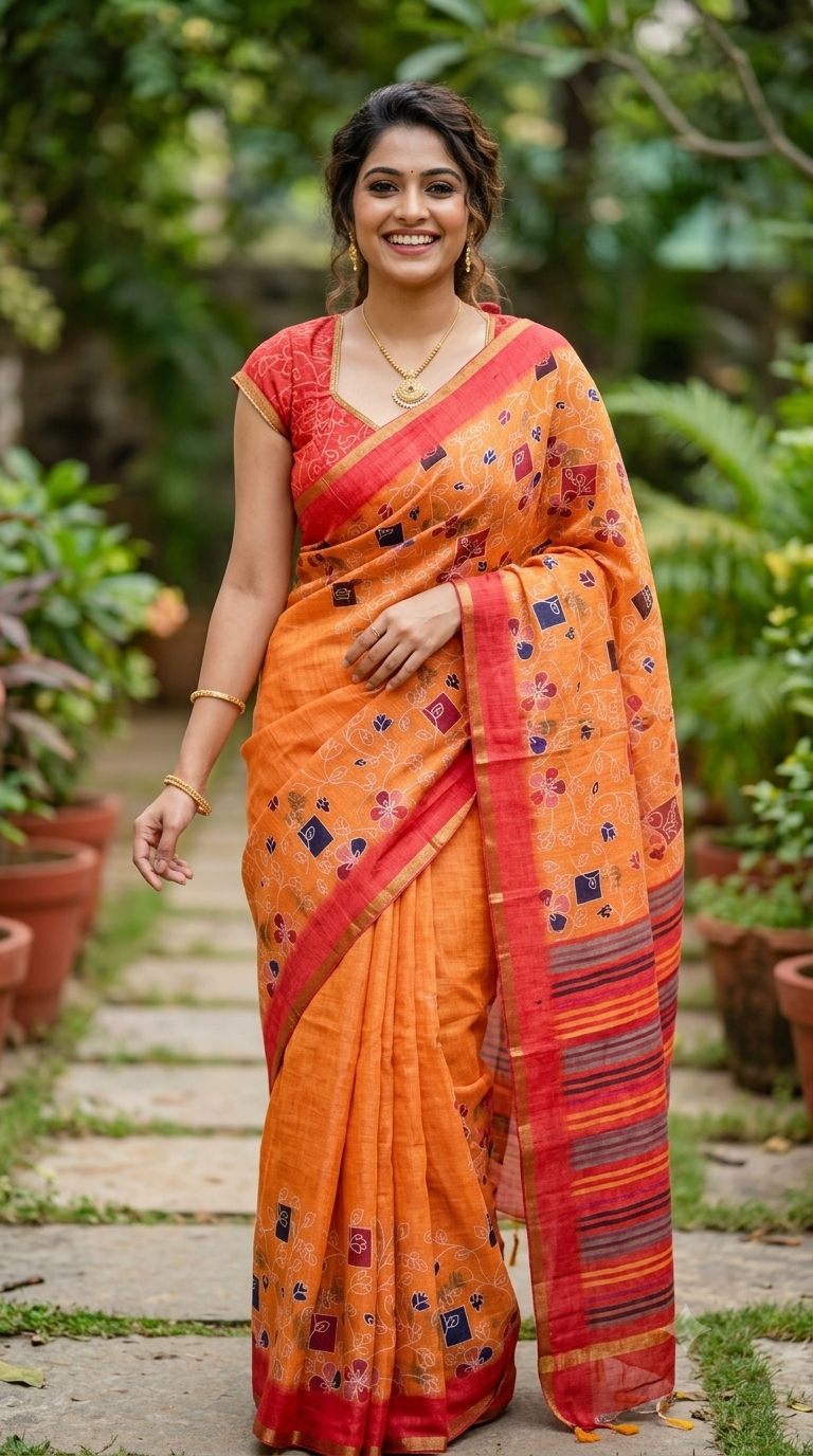 Orange Linen Cotton Saree for Office Wear | Elegant Daily Formal Saree