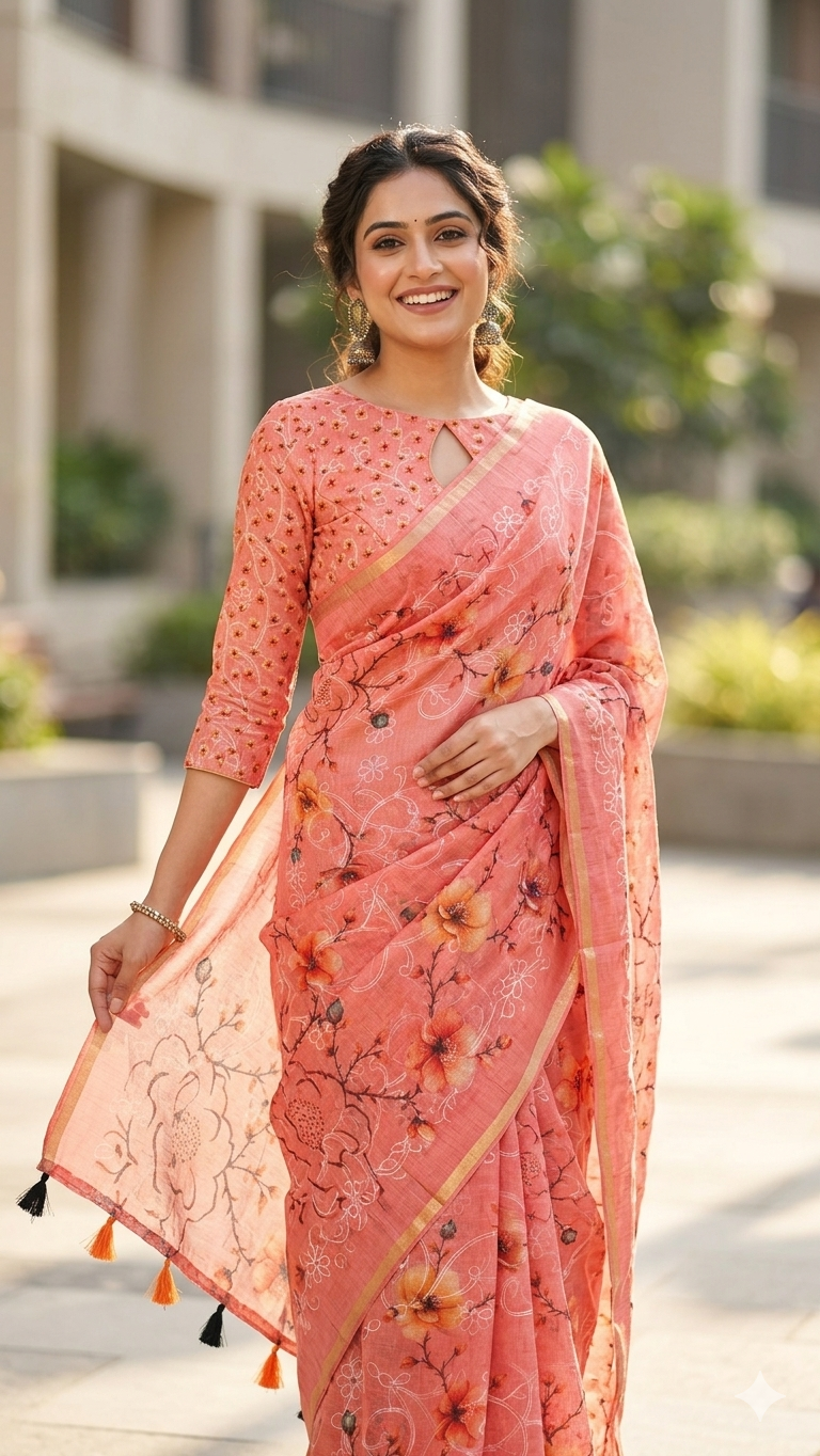 Full view of a peach-toned floral print linen cotton saree featuring intricate botanical motifs and a metallic gold border by NAANAL.