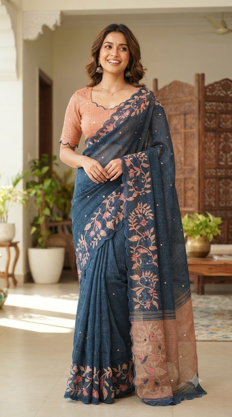 Midnight Blue Linen Cotton Saree with Mirror Work | Ethnic Elegance
