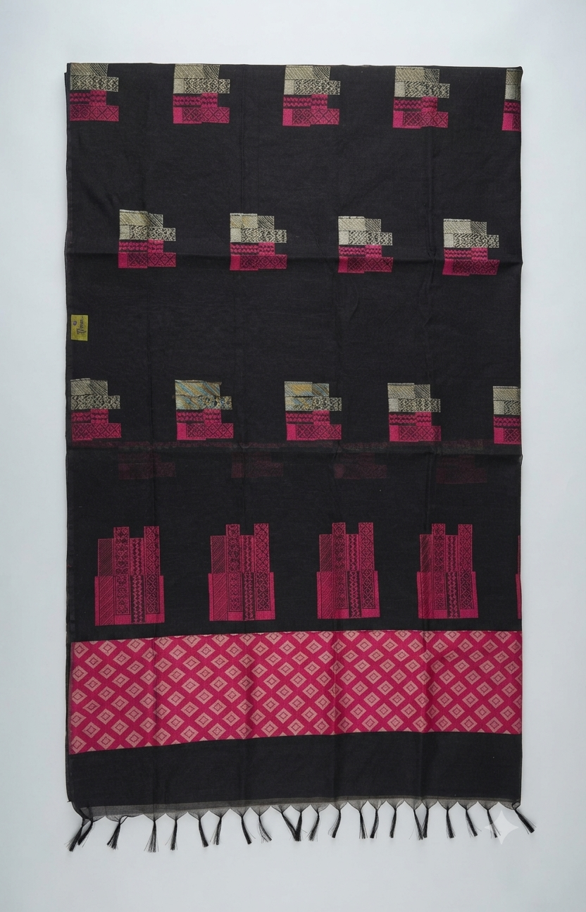 Black Silk Cotton Saree | Pink Geometric Weaving Buttas| Naanal