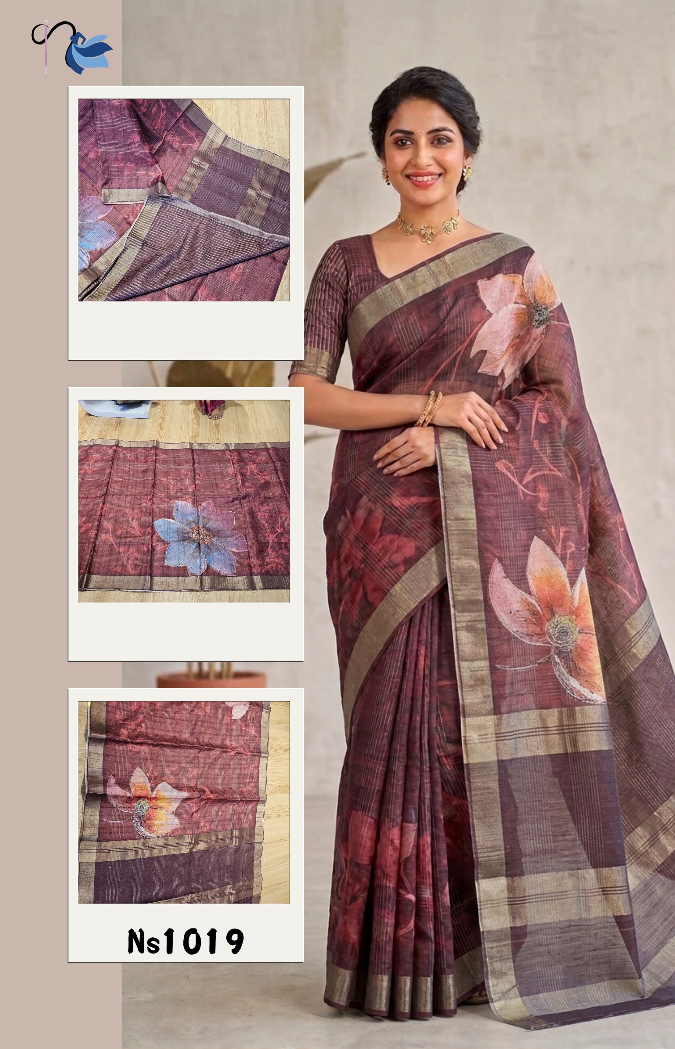 Woman wearing a floral saree with close-up insets on a neutral background