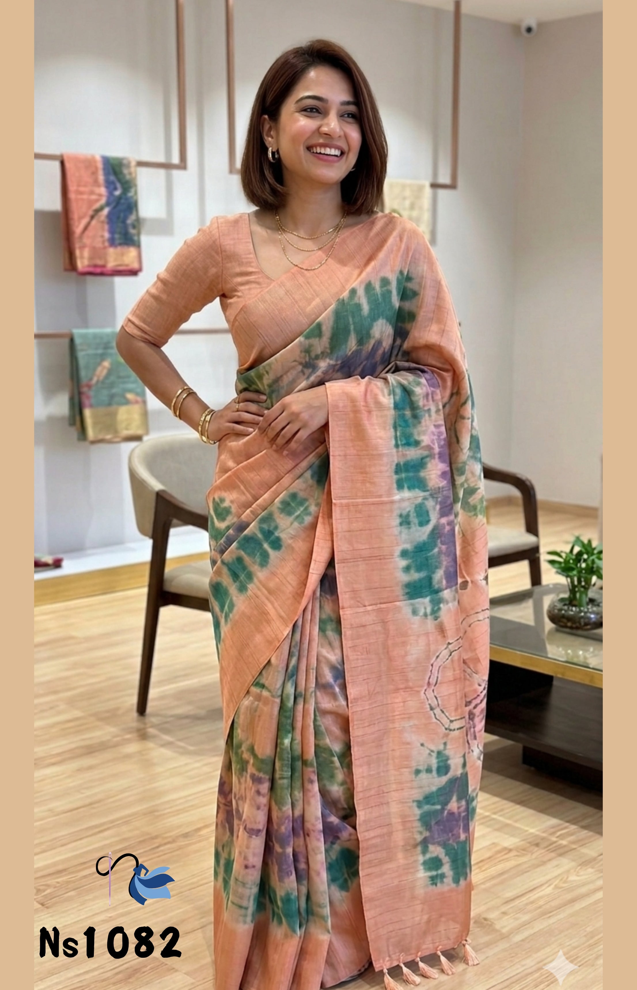 Terra-Cotta Tie-Dye Handloom Jute Cotton Saree with Indigo and Moss Green Accents