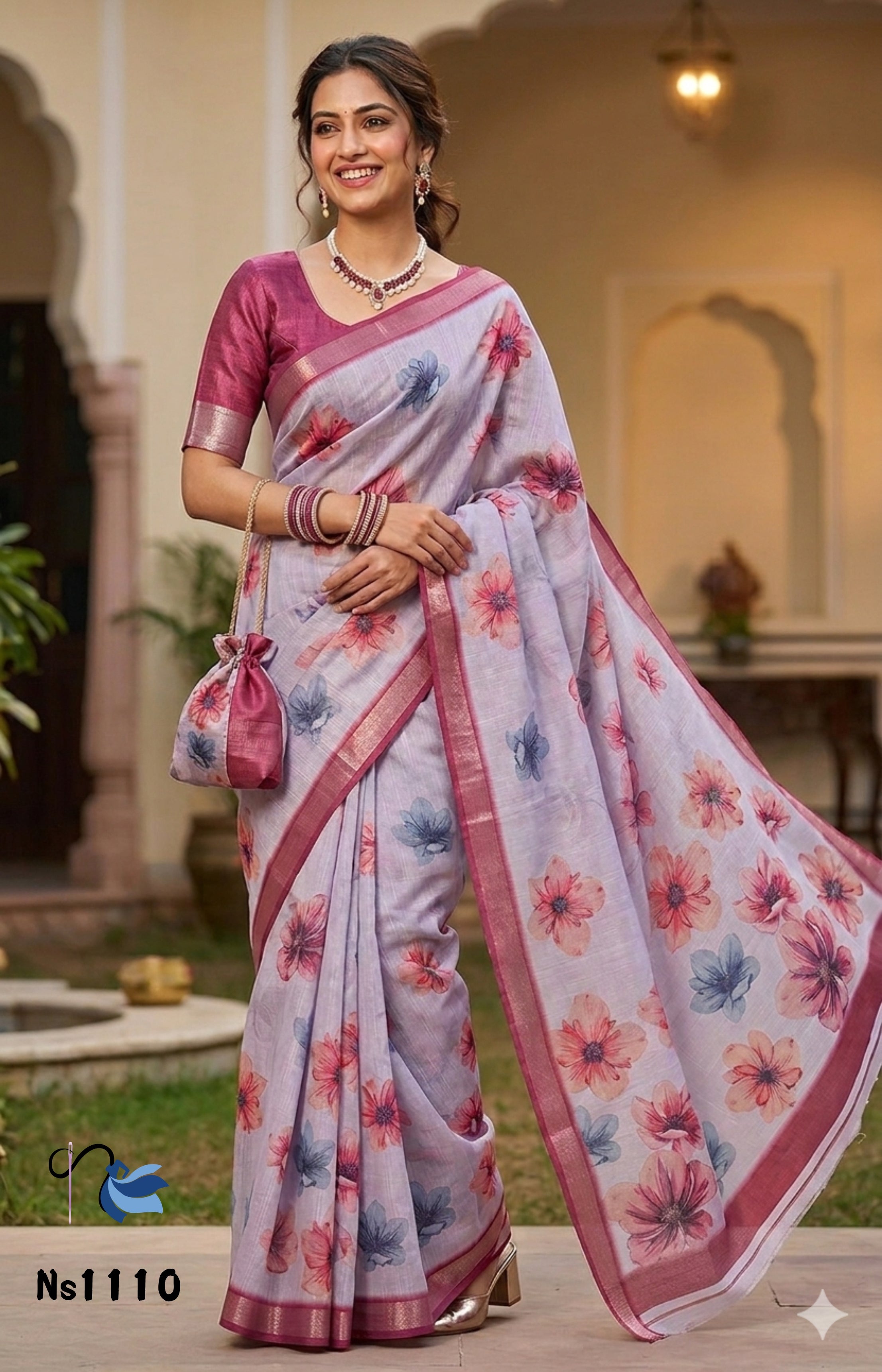 Premium Raw Silk Floral Saree in Pastel Baby Pink with Contrast Wine Blouse | Ns1110