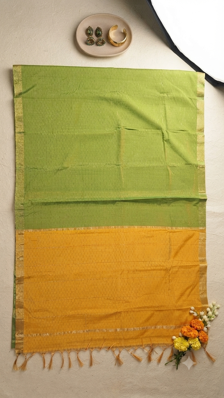 Green Silk Jute-Texture Saree with Yellow Blouse | NAANAL