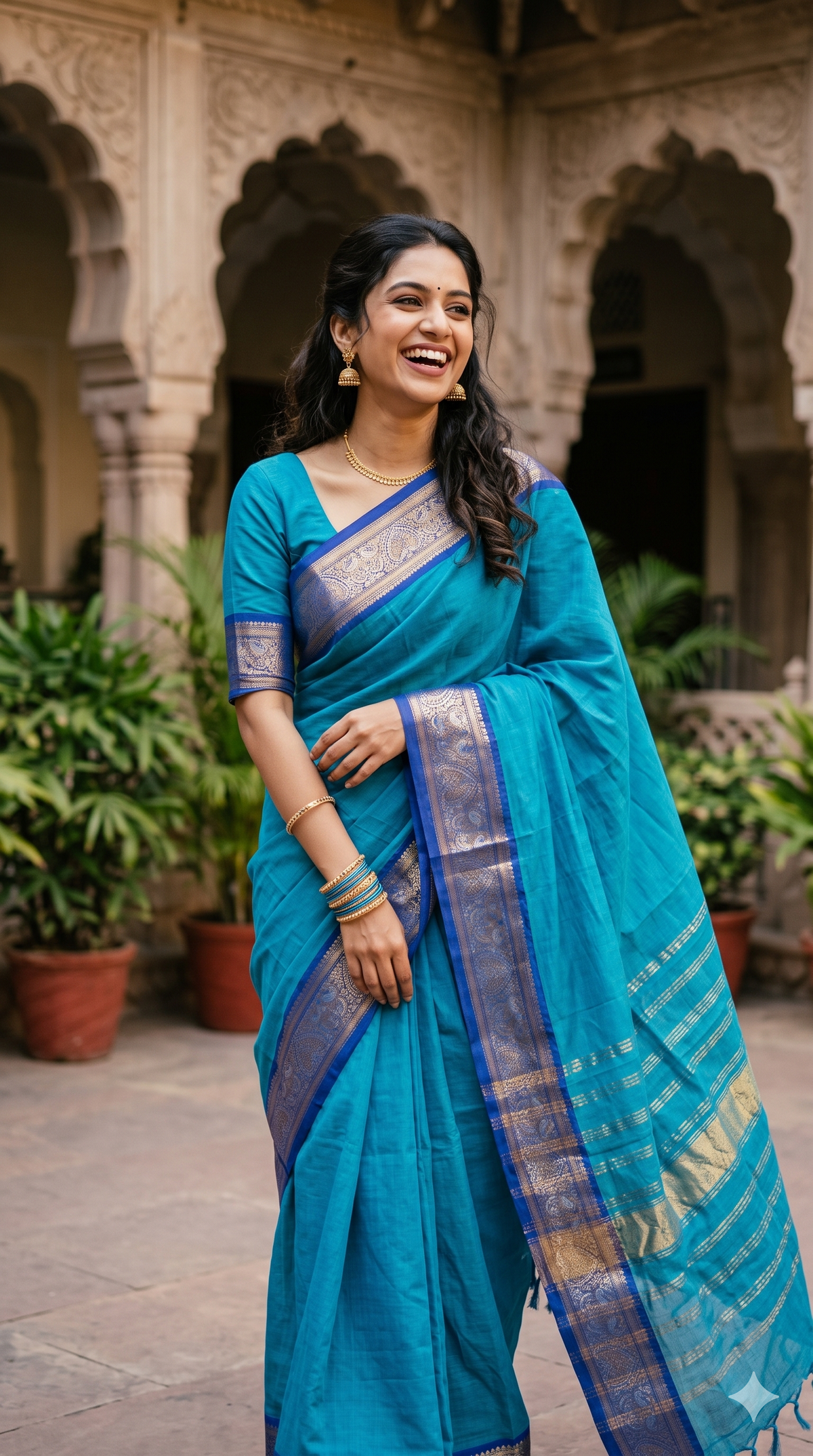 Authentic Bright Blue Chettinad Cotton Saree with Gold Zari Border| Naanal