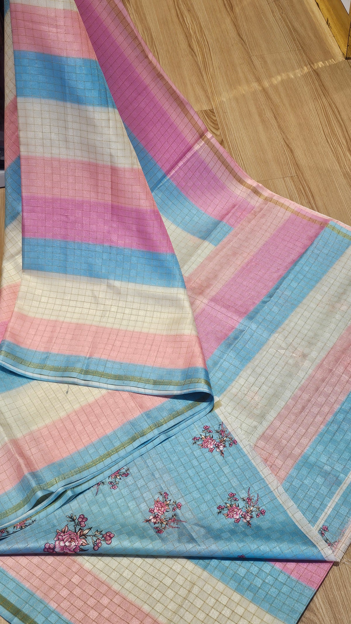 Pastel Color-Blocked Checkered Kota Silk Saree