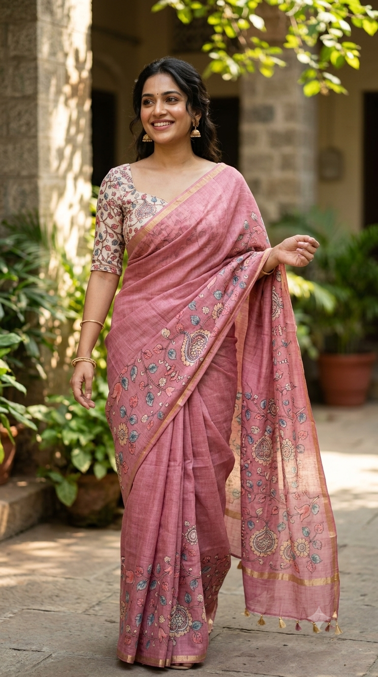 Elegant Dusty Pink Floral Linen Cotton Saree | Office Wear Collection