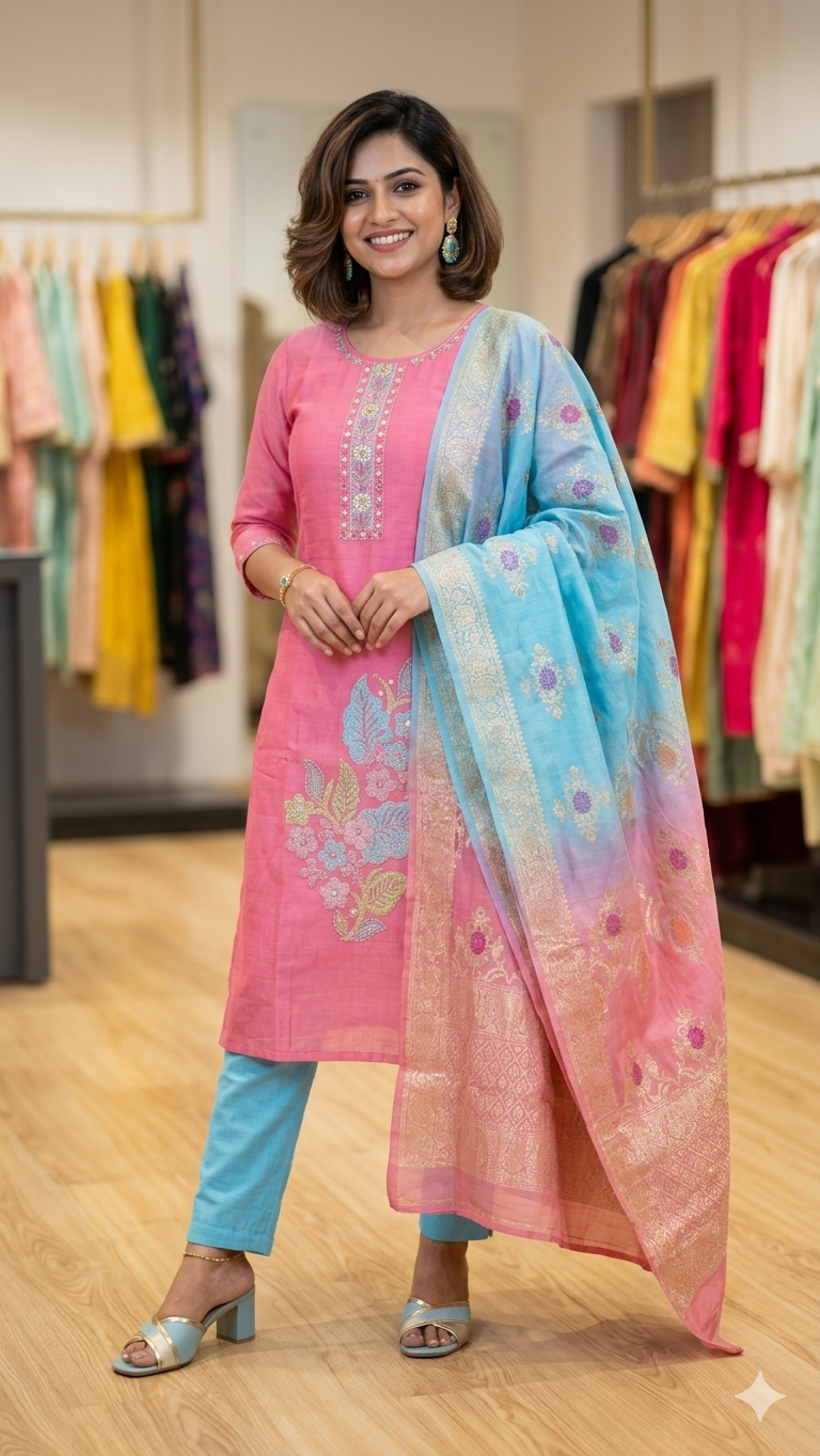 Elegant Pink Embroidered Salwar Set with Ombre Banarasi Dupatta |Naanal