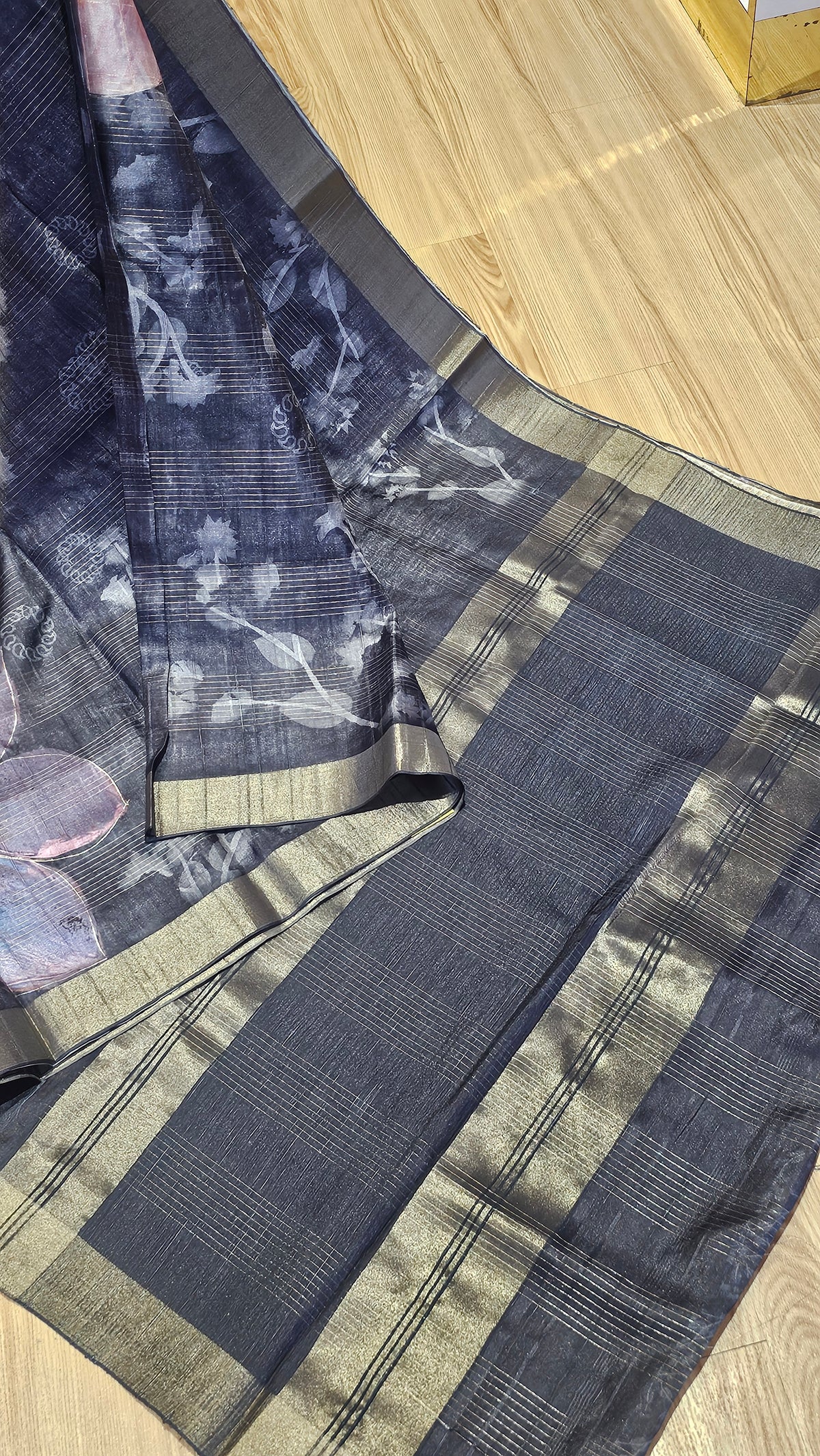 Black Floral Printed Tussar Silk Saree | Festive Wear | NAANAL