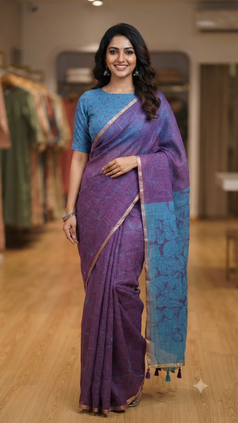 Breathable Floral Linen Cotton Saree – Ideal for Office Wear| Naanal