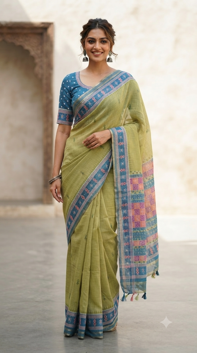 Olive Green Linen Cotton Saree with Blue Blouse |NAANAL