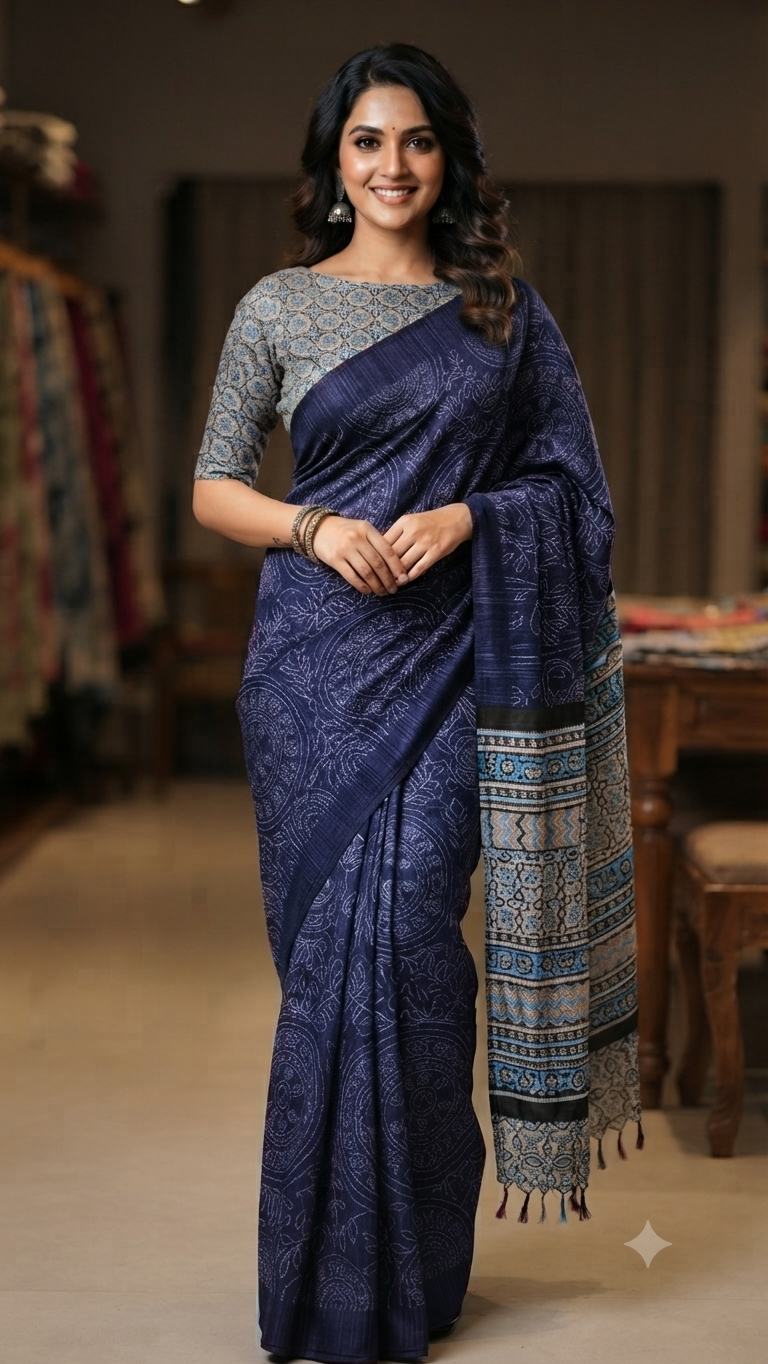 Midnight Blue Printed Jute Cotton Saree | NAANAL