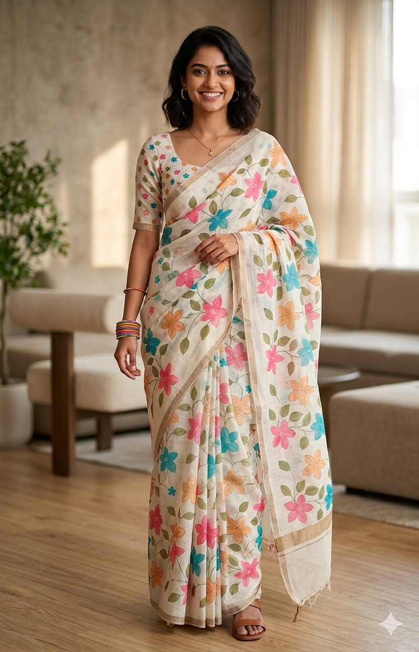 A professional model showcasing the NAANAL Office Wear Series, featuring a half-white pure handloom cotton saree with colorful floral prints and a lines pallu, perfect for formal office settings."