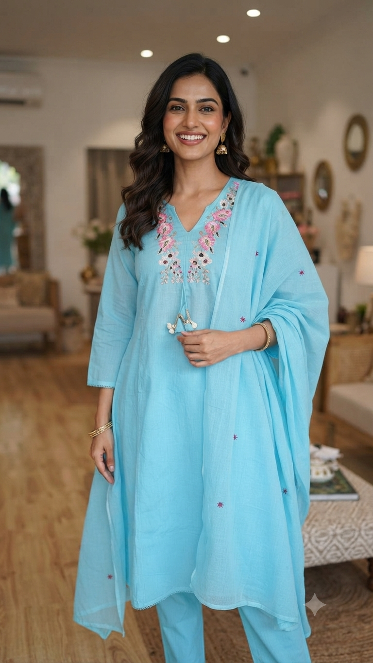Elegant Sky Blue Cotton Salwar Suit Set | NAANAL