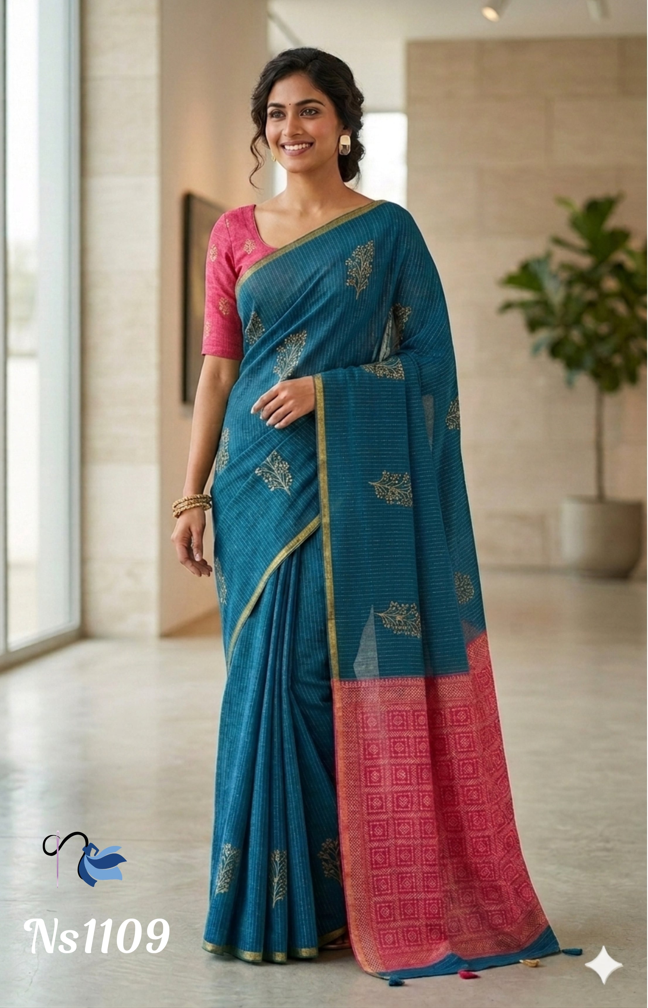 Teal Blue and Pink Linen Cotton Saree with Block Print | Elegant Ethnic Wear