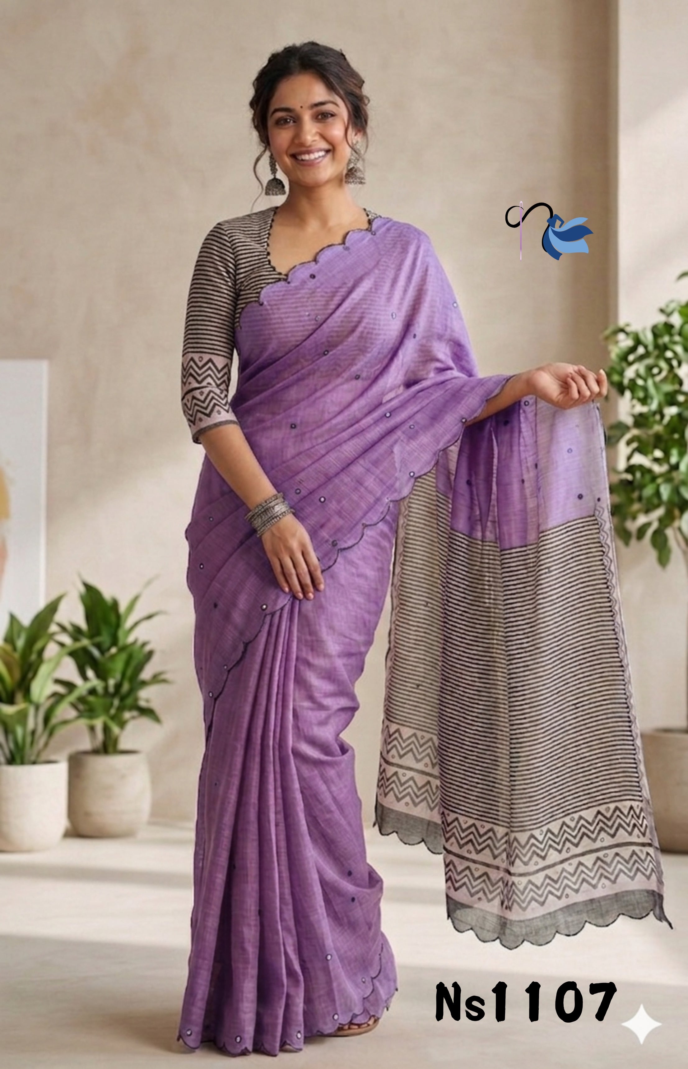 Lavender Linen Cotton Saree with Scalloped Embroidery