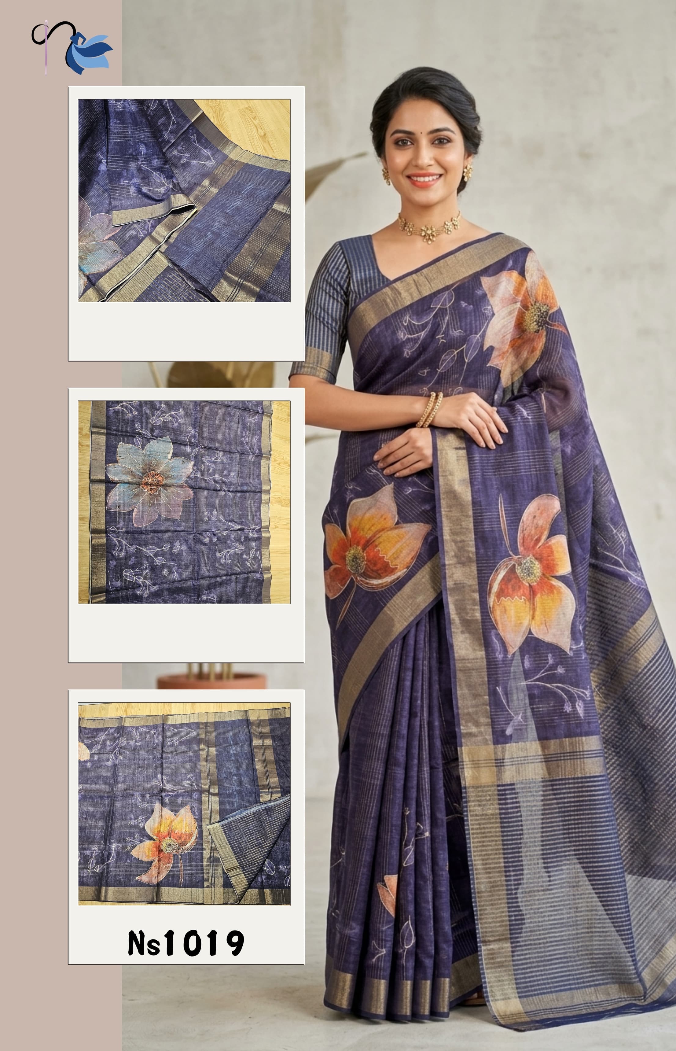 NAANAL | Ns1019 – Deep Purple Tussar Silk Saree with Digital Floral Print