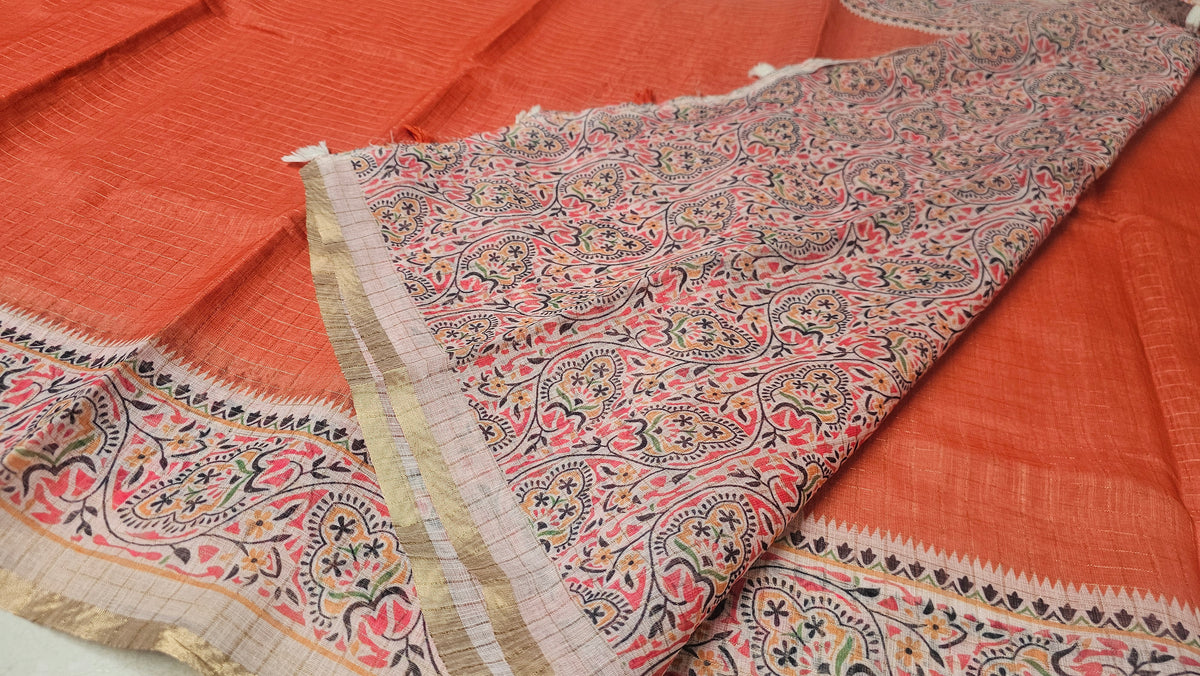 Rust Orange Linen Saree with Kalamkari Print | Naanal