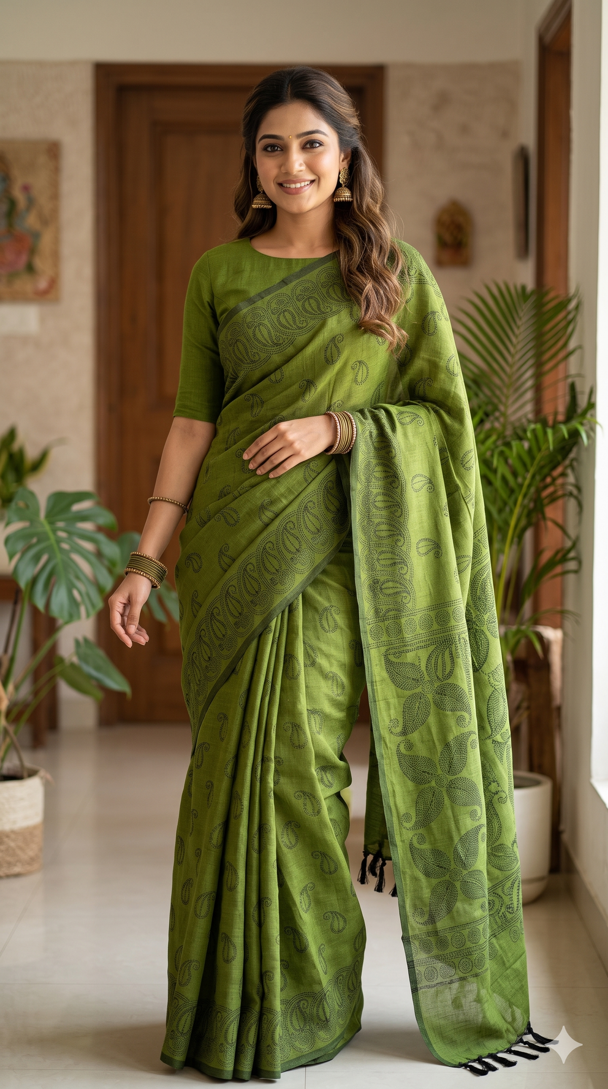 Green Printed Paisley Silk Cotton Saree | NAANAL