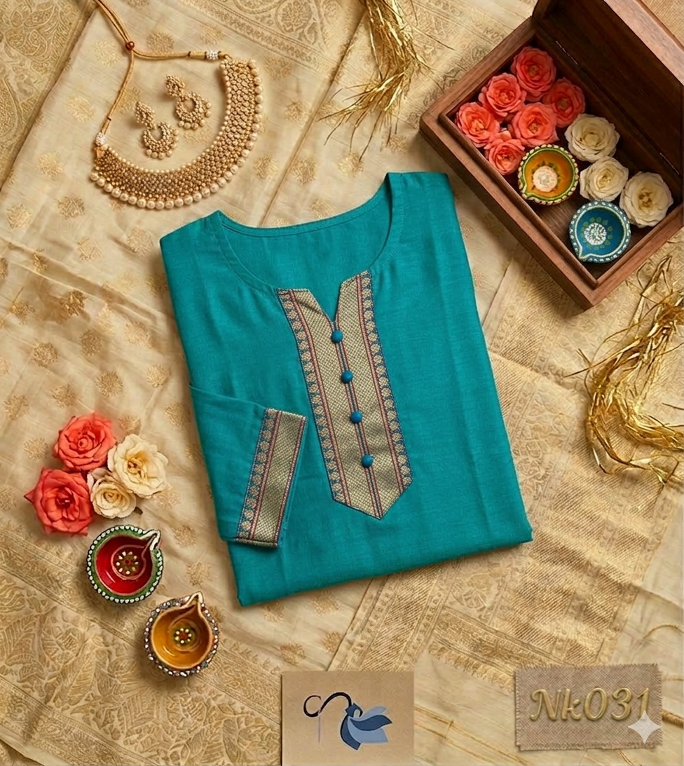 Naanal teal blue Chettinad cotton kurti featuring ethnic patterned borders on the neck and sleeves, displayed in a professional festive photoshoot layout with traditional Indian decor.