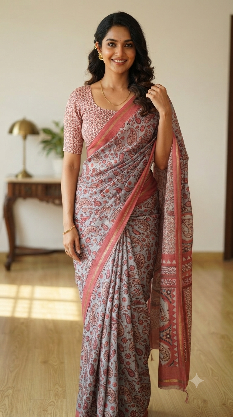 NAANAL Elegance: Paisley Printed Tussar Saree with Matching Blouse
