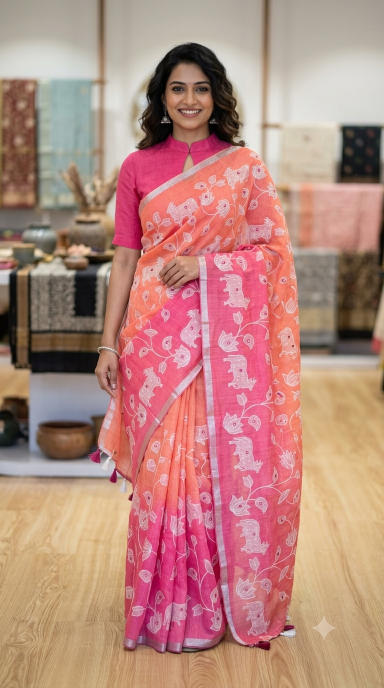 Peach & Pink Linen Cotton Office Wear Saree | NAANAL