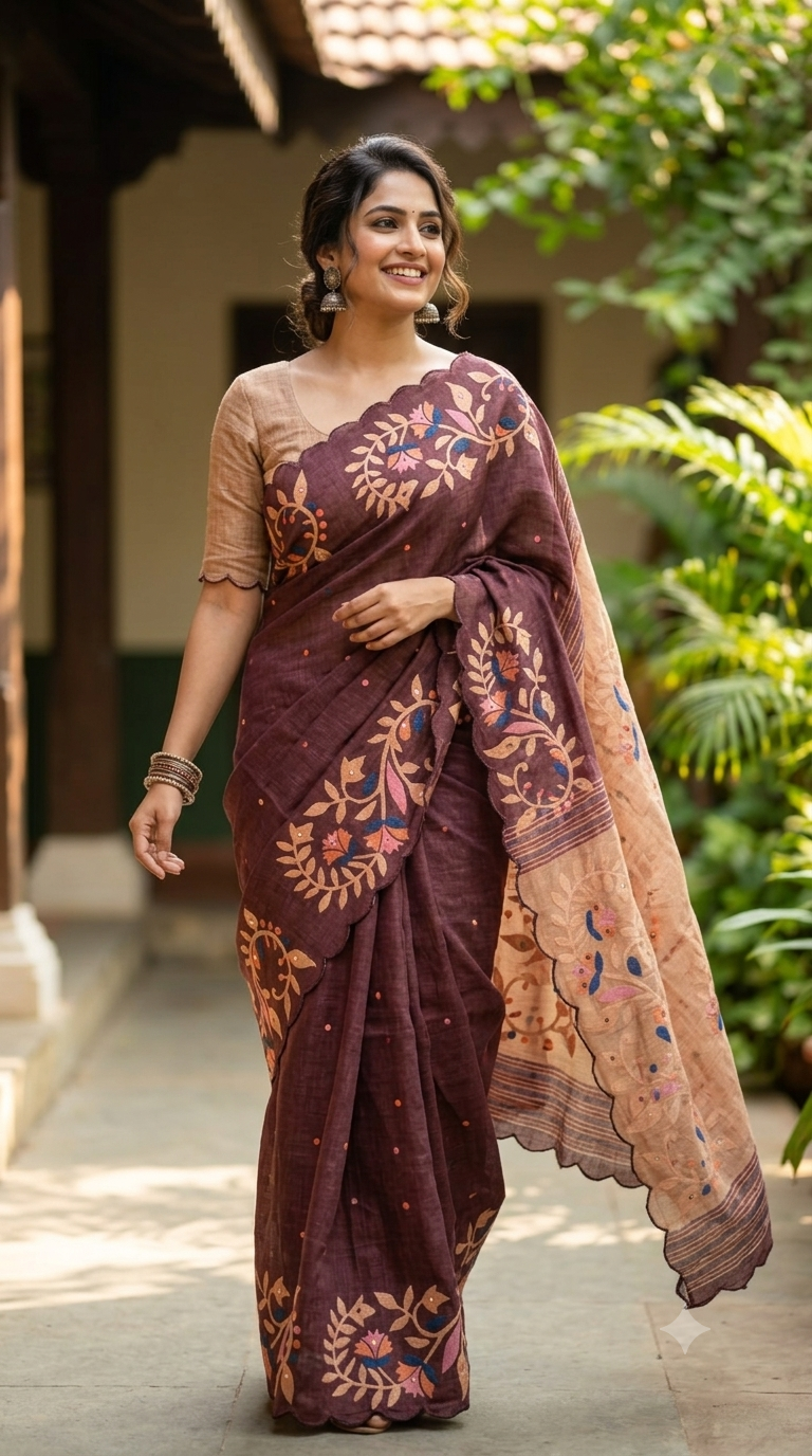 Wine & Beige Floral Printed Linen Saree | Scalloped Border