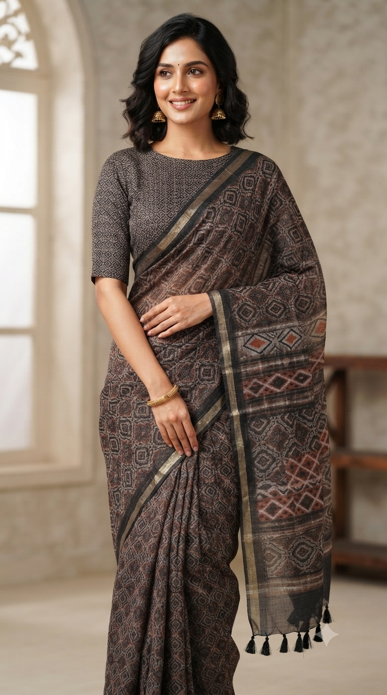 NAANAL | Elegant Geometric Diamond Pattern Linen Cotton Office Wear Saree - Black & Earthy Brown