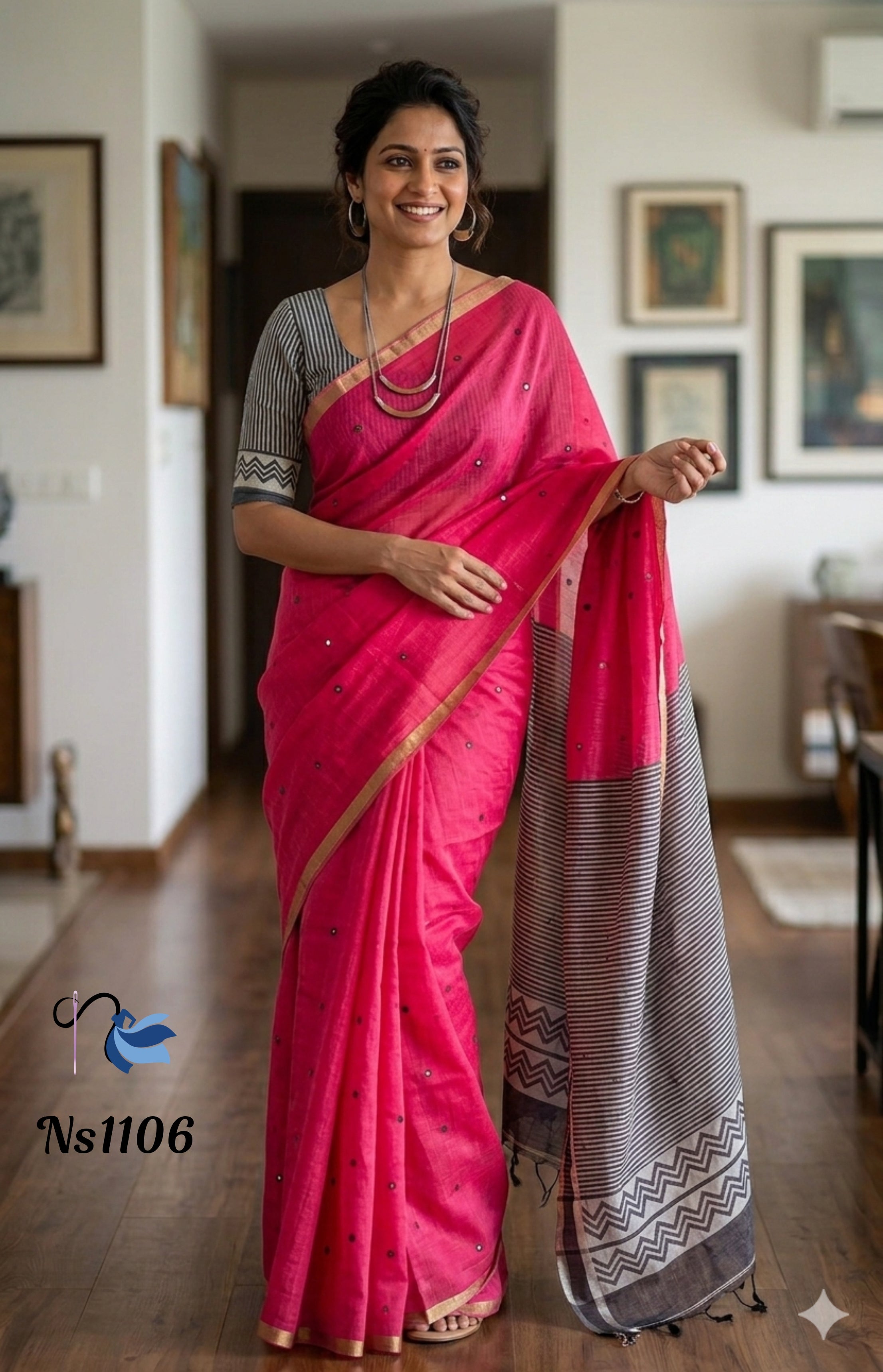 Bright Fuchsia Pink Linen Cotton Saree with Striped Pallu | NAANAL