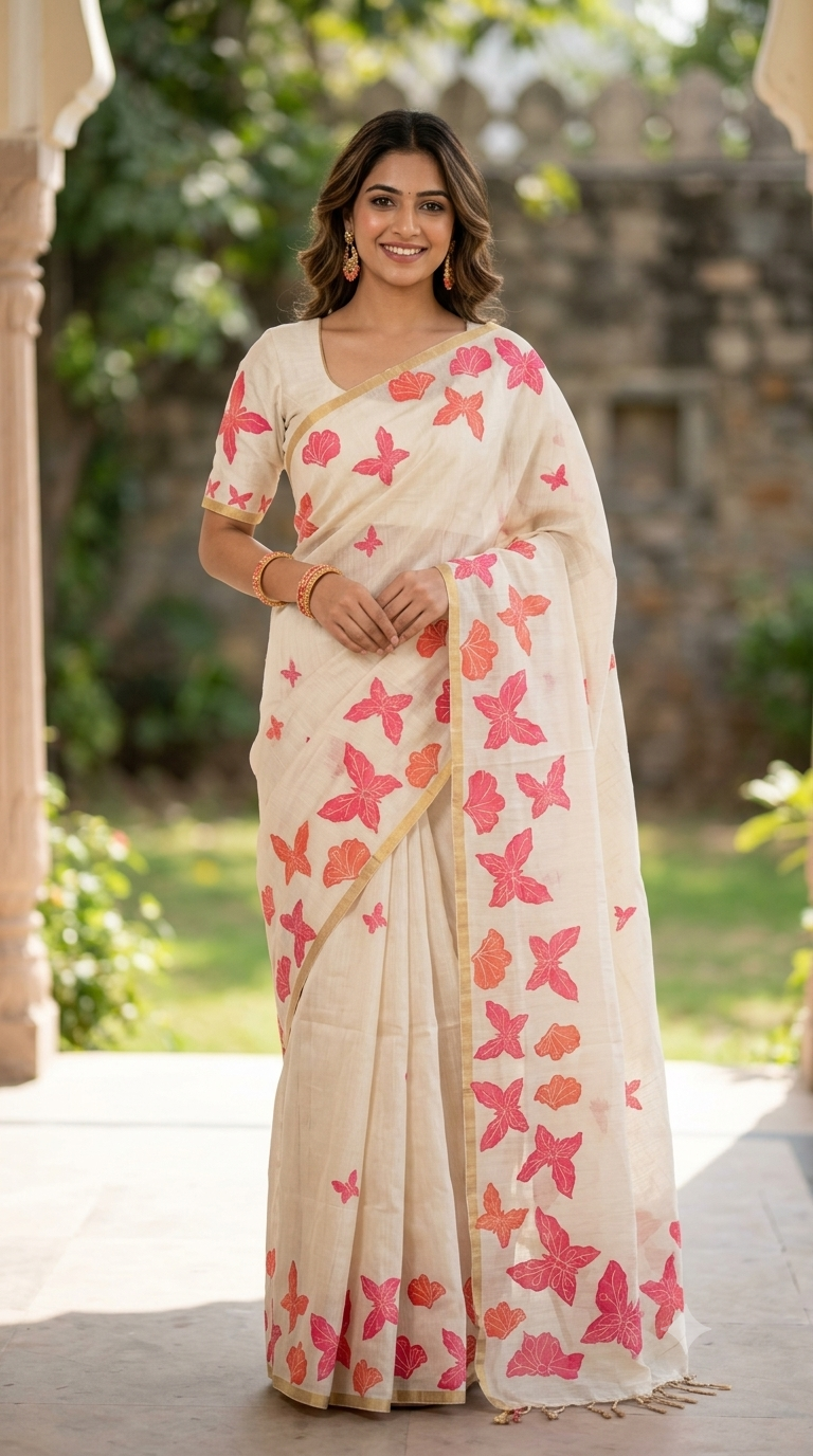 Ivory Butterfly Motif Tissue Linen Cotton Festive Saree | Festive Collection