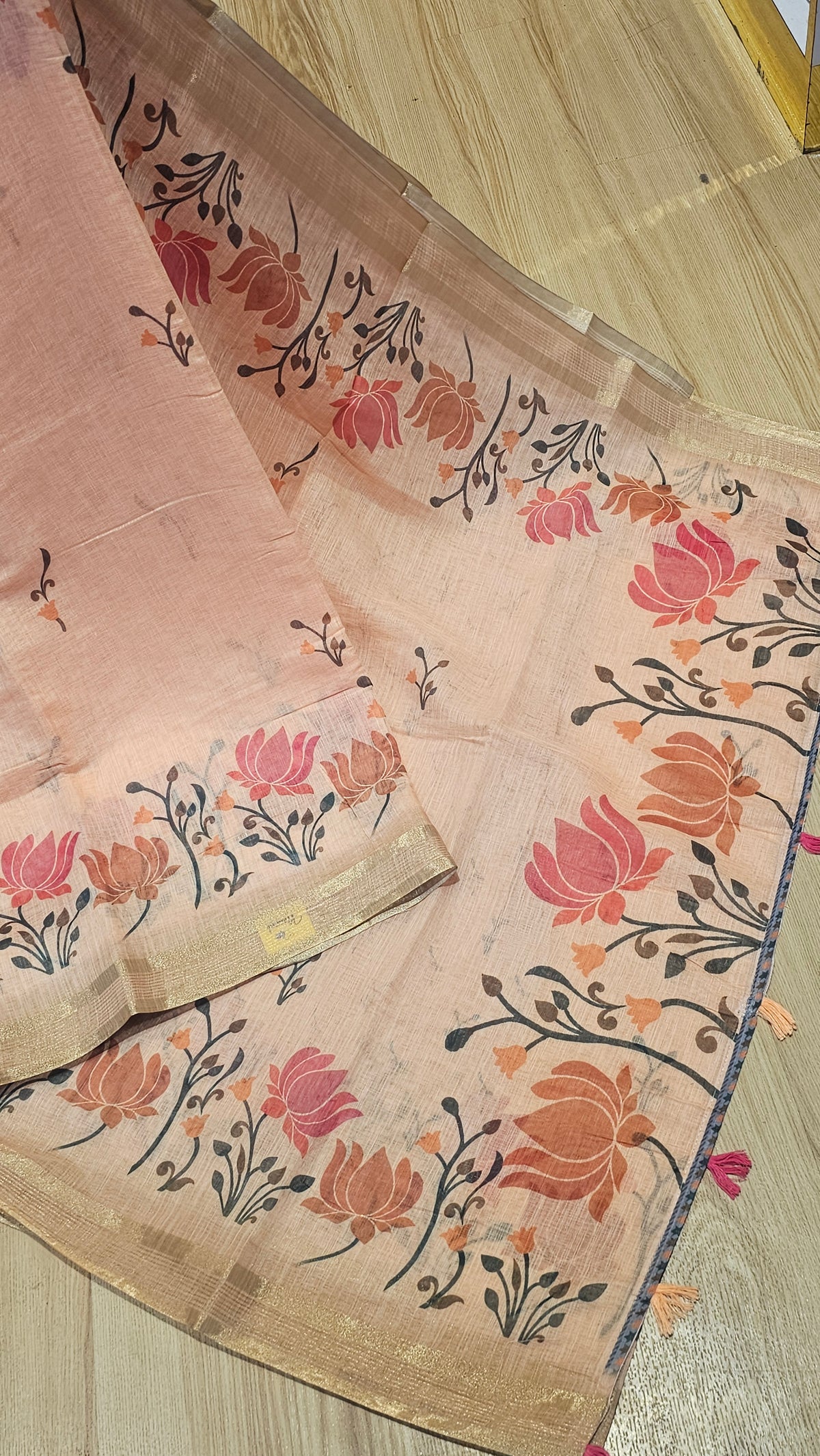 Elegant Peach Linen Cotton Saree | Floral Festive Wear