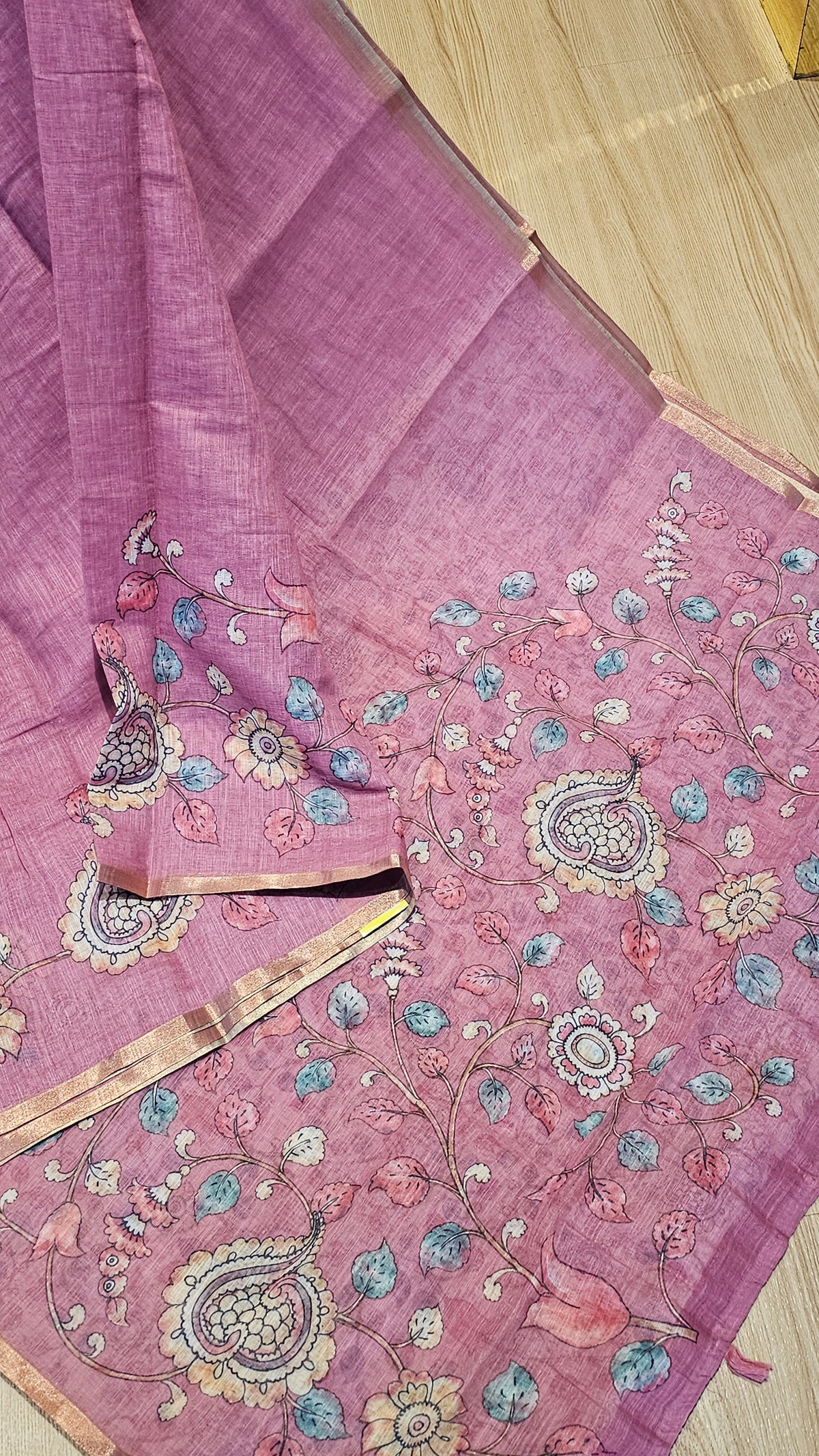 Elegant Dusty Pink Floral Linen Cotton Saree | Office Wear Collection