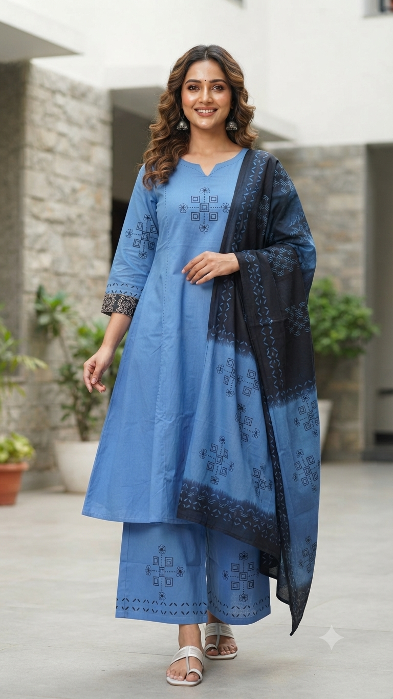 NAANAL Blue Cotton Salwar Set with Geometric Block Print | Elegant Daily Wear