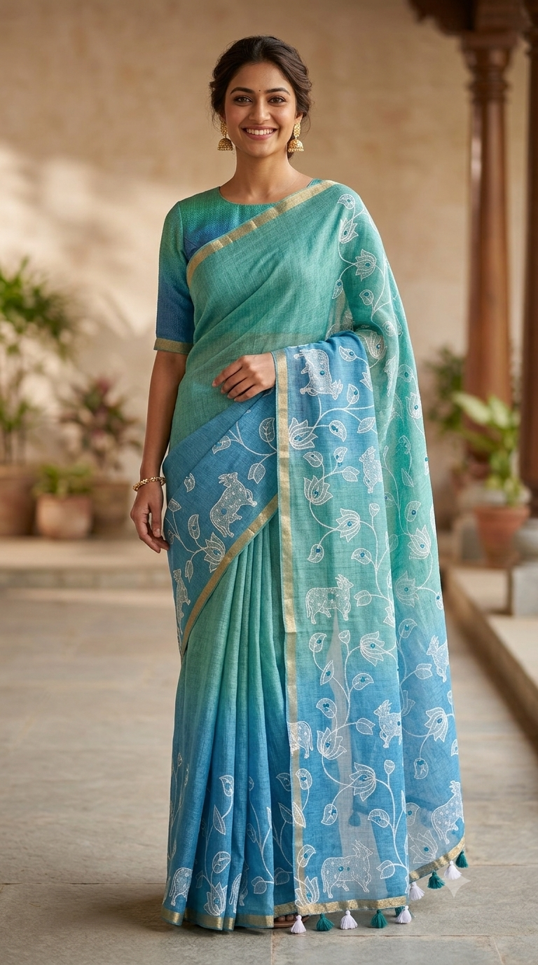 Teal and Blue Ombre Linen Saree with Cow Motifs | Naanal