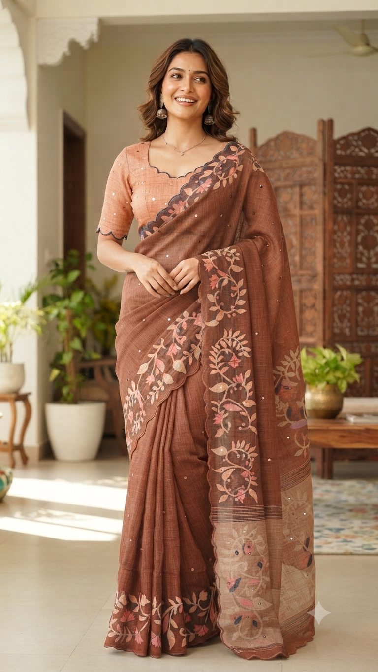 Rust Brown Linen Cotton Saree | Mirror & Scallop Work Designer Saree