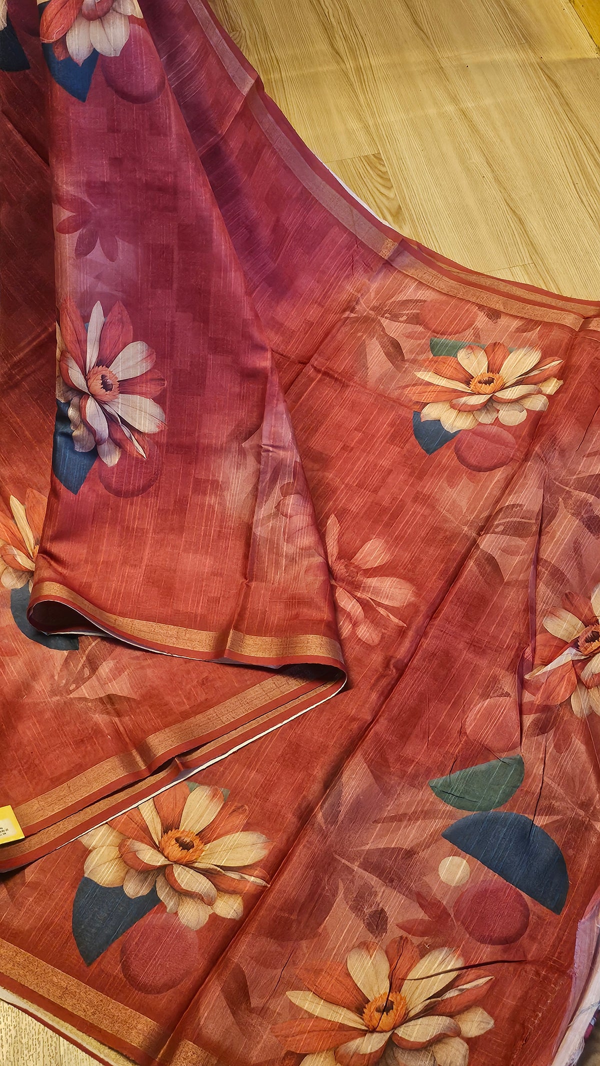 Rust Orange Floral Print Tussar Silk Saree | NAANAL
