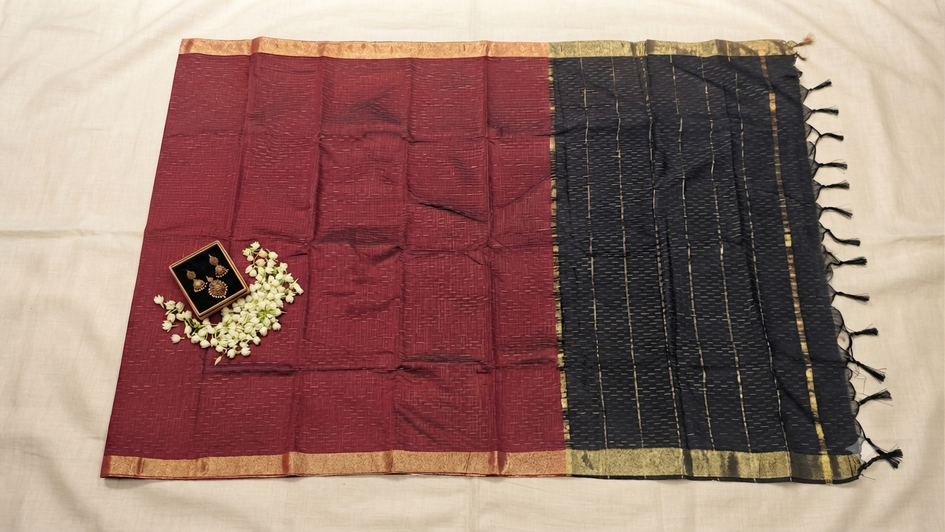 NAANAL | Maroon & Black Cotton Silk Saree with Zari Borders