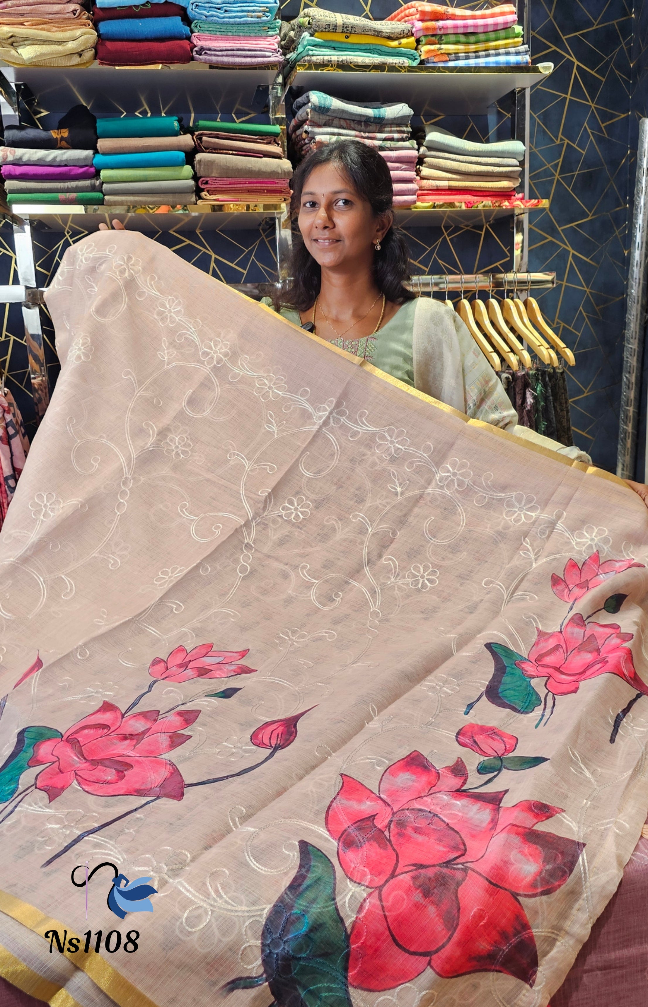 Graceful Lotus Print Linen Cotton Saree | NAANAL