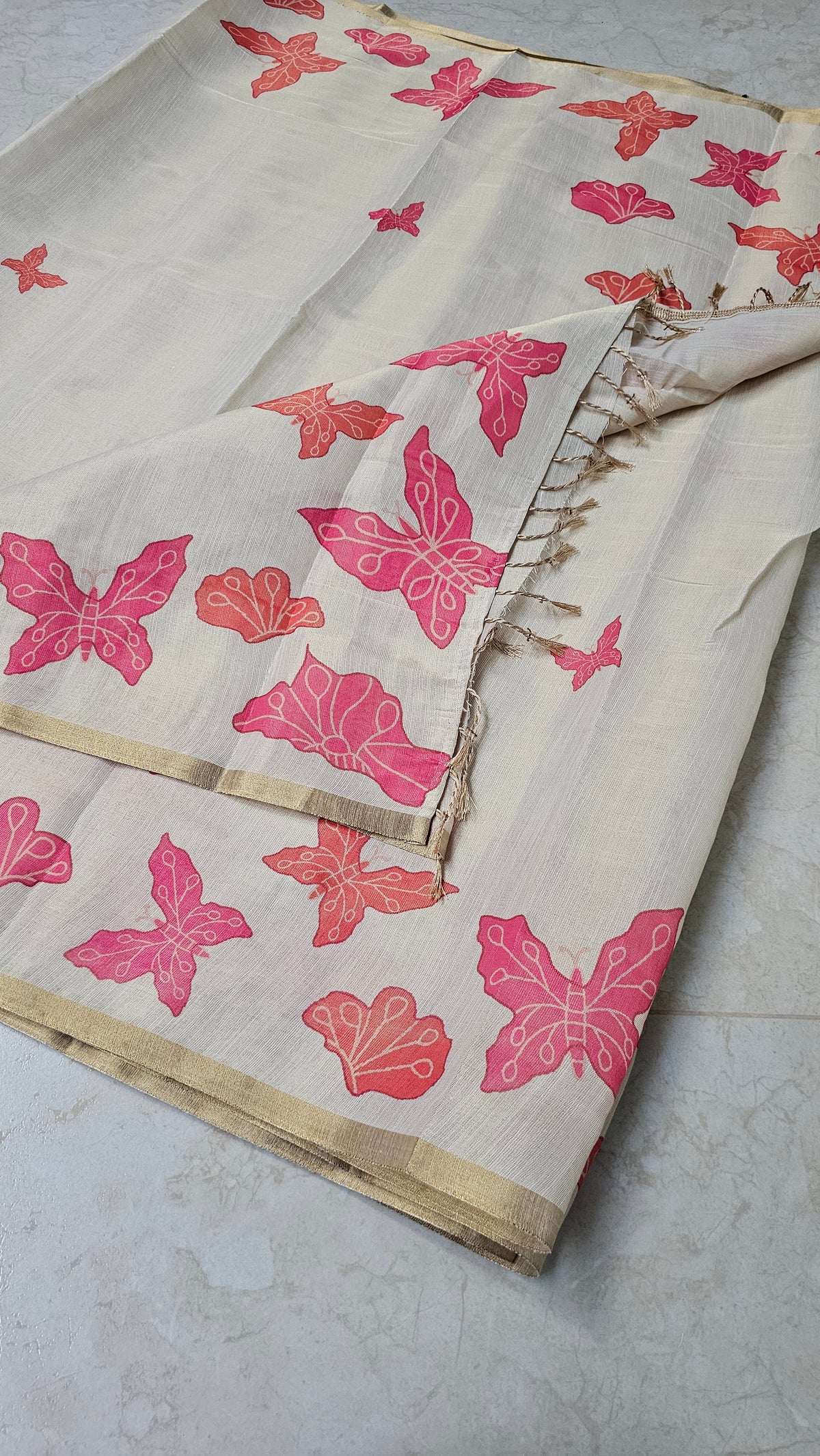 Ivory Butterfly Motif Tissue Linen Cotton Festive Saree | Festive Collection