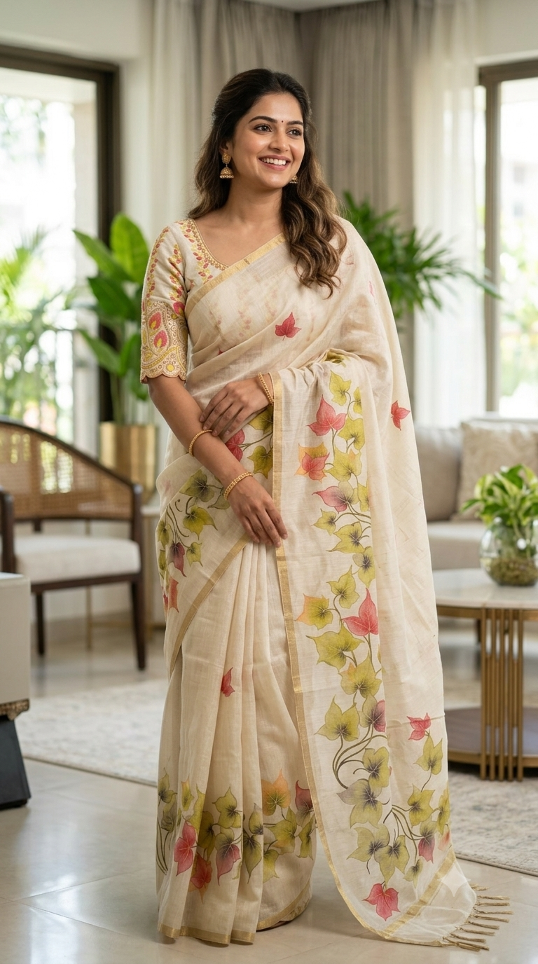 Festive Wear Printed Linen Tissue Saree | Elegant Ethnic Wear
