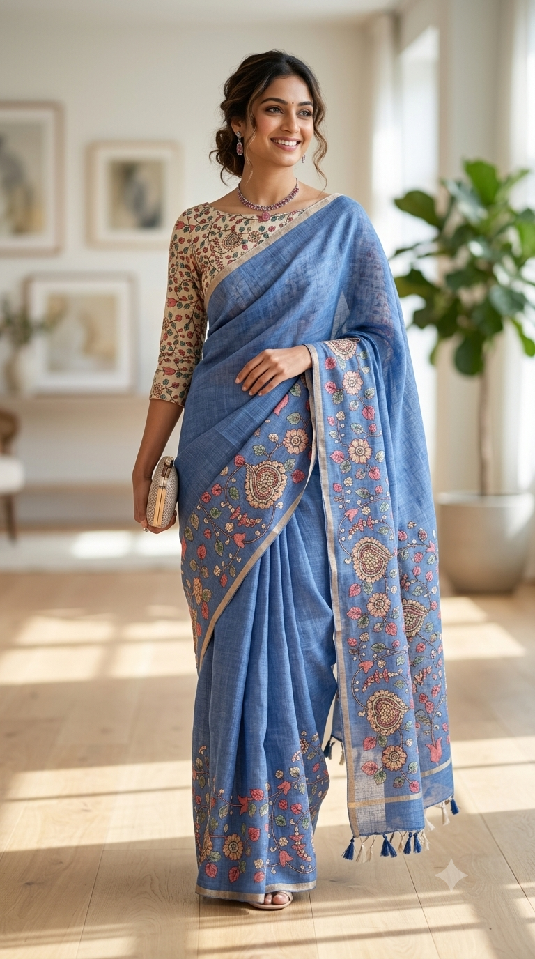 Sky Blue Kalamkari Linen Saree with Floral Pallu| Naanal