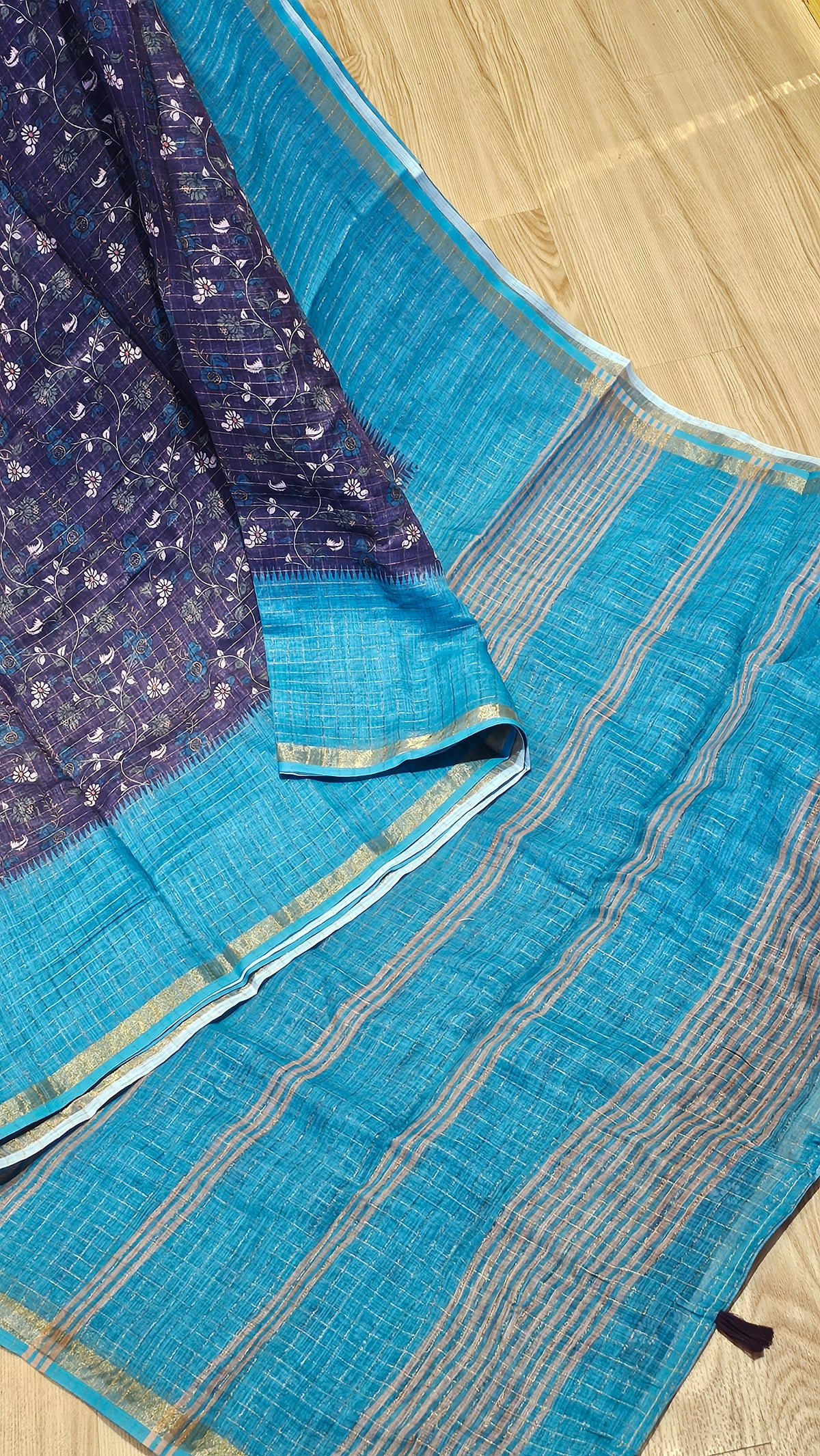 Charcoal Purple Linen Cotton Saree with Cyan Blue Border & Zari Accents | Naanal
